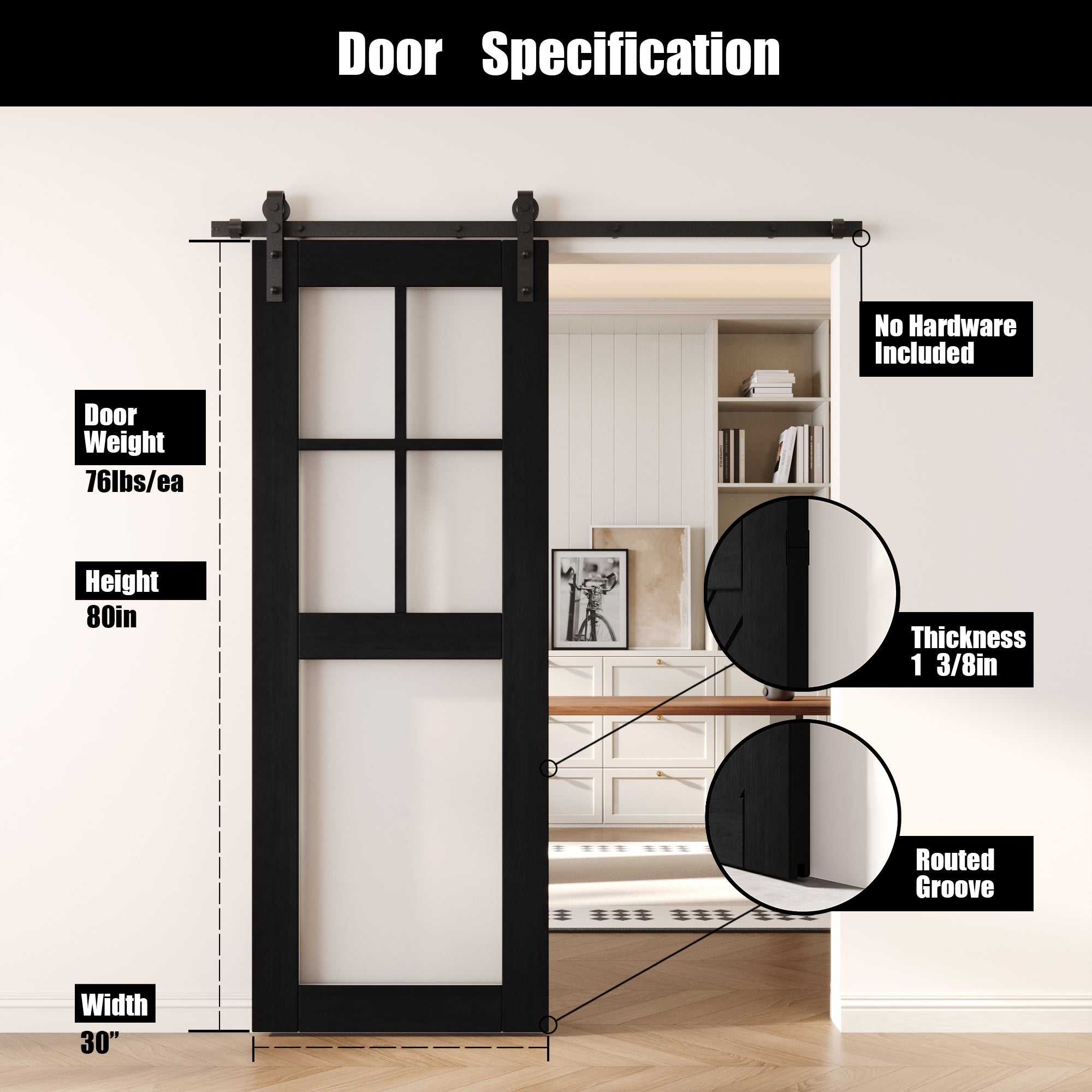 80" Height Black 5-Lite Frosted Glass Unassembled & Finished Pine Wood Barn Door (Interior Use Only)