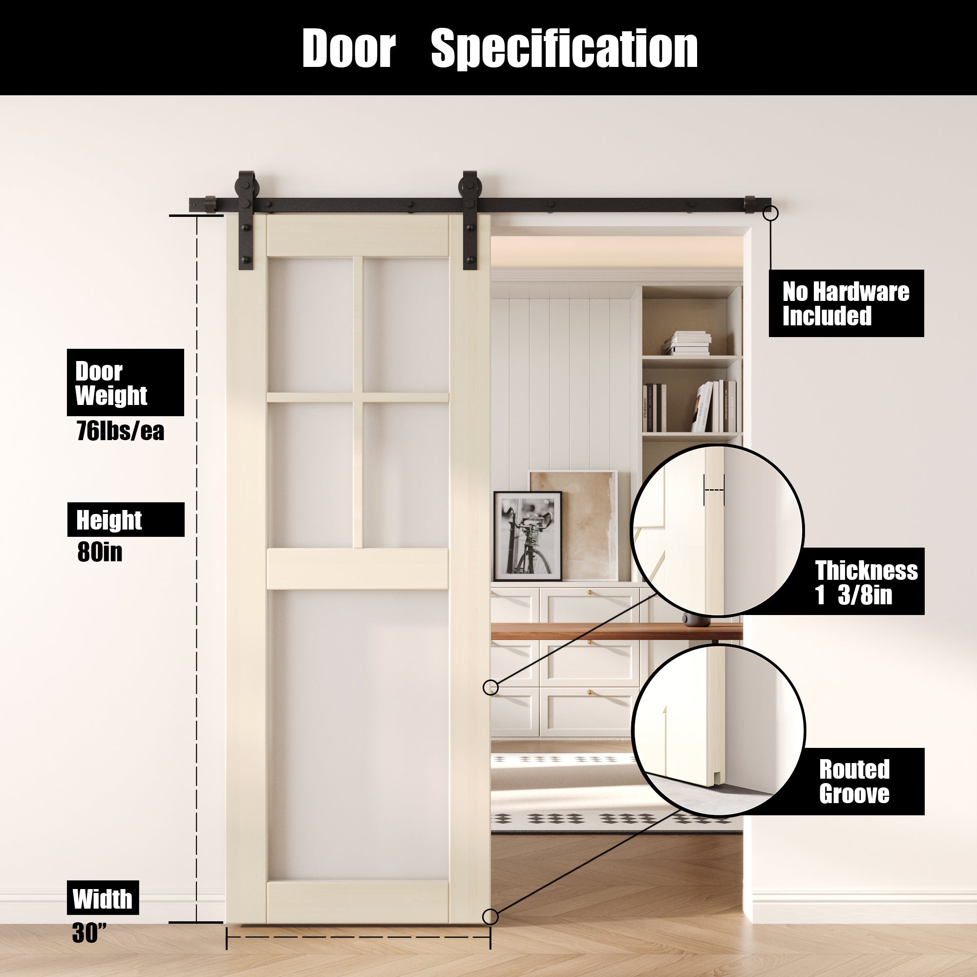 80" Height Tinsmith Gray 5-Lite Frosted Glass Unassembled & Finished Pine Wood Barn Door (Interior Use Only)