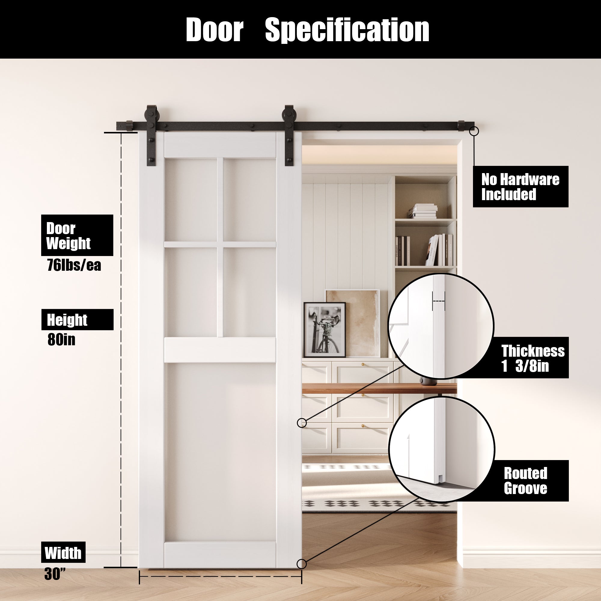 80" Height White 5-Lite Frosted Glass Unassembled & Finished Pine Wood Barn Door (Interior Use Only)