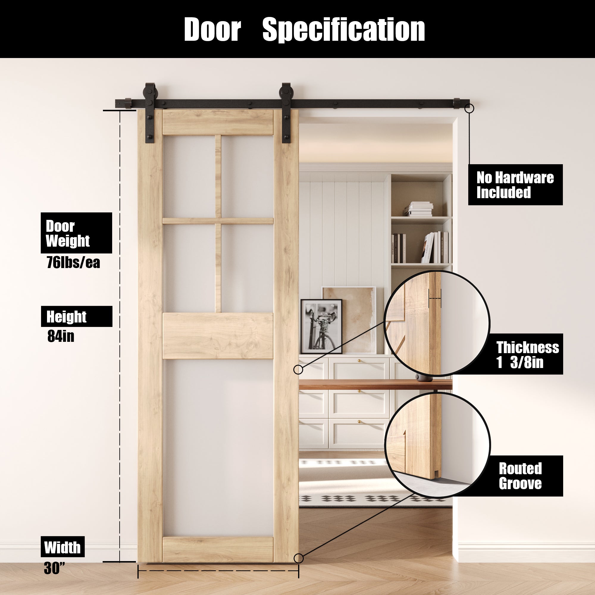 84" Height 5-Lite Frosted Glass Unassembled & Unfinished Pine Wood Barn Door (Interior Use Only)