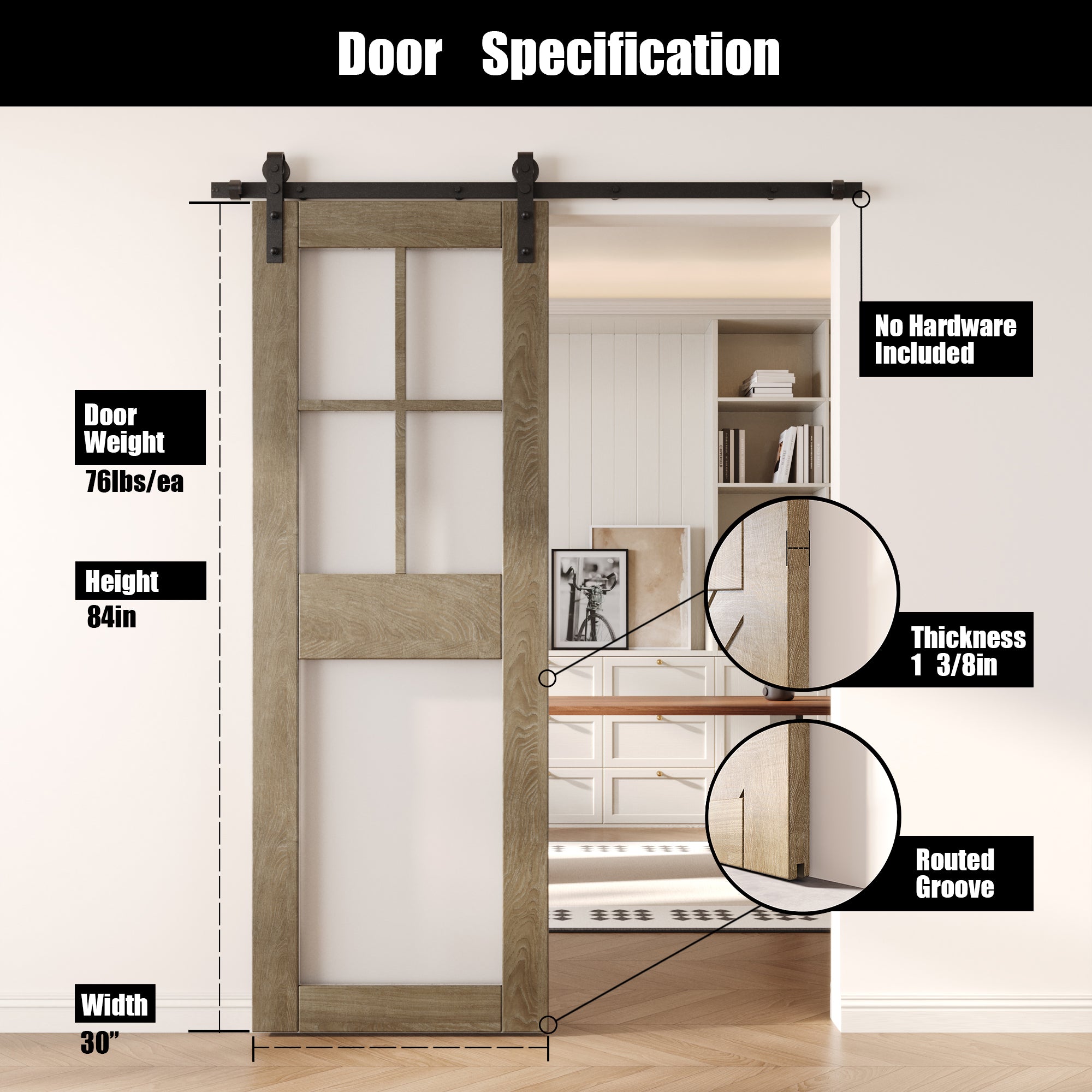 84" Height Classic Gray 5-Lite Frosted Glass Unassembled & Finished Pine Wood Barn Door (Interior Use Only)