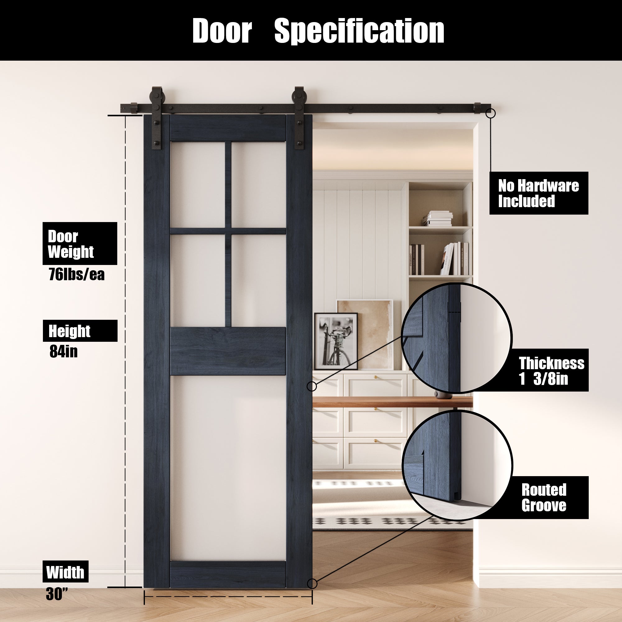 84" Height Navy 5-Lite Frosted Glass Unassembled & Finished Pine Wood Barn Door (Interior Use Only)