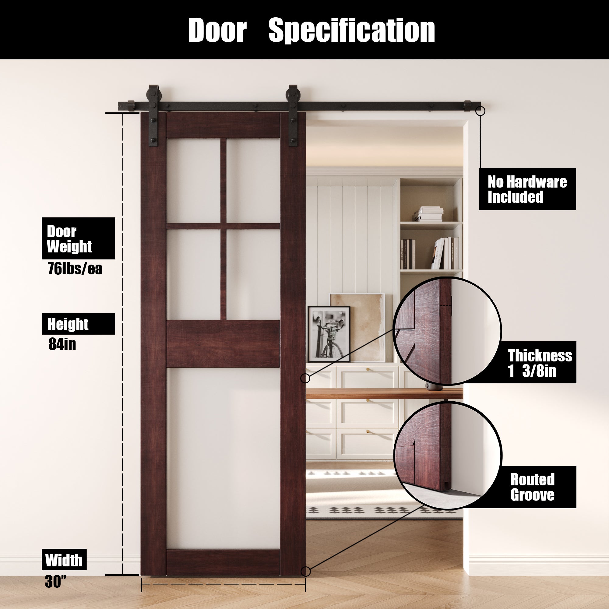 84" Height Red Mahogany 5-Lite Frosted Glass Unassembled & Finished Pine Wood Barn Door (Interior Use Only)
