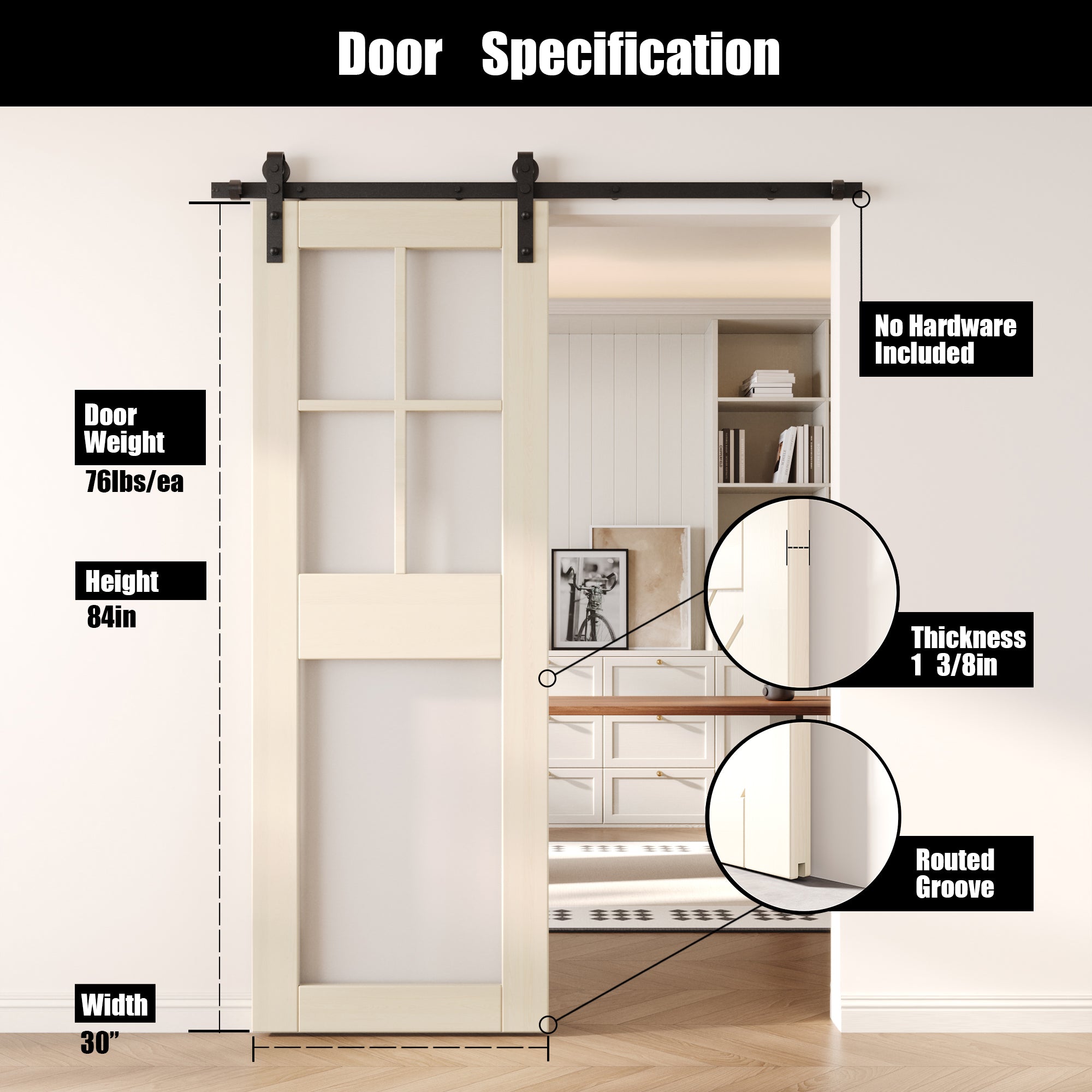 84" Height Tinsmith Gray 5-Lite Frosted Glass Unassembled & Finished Pine Wood Barn Door (Interior Use Only)