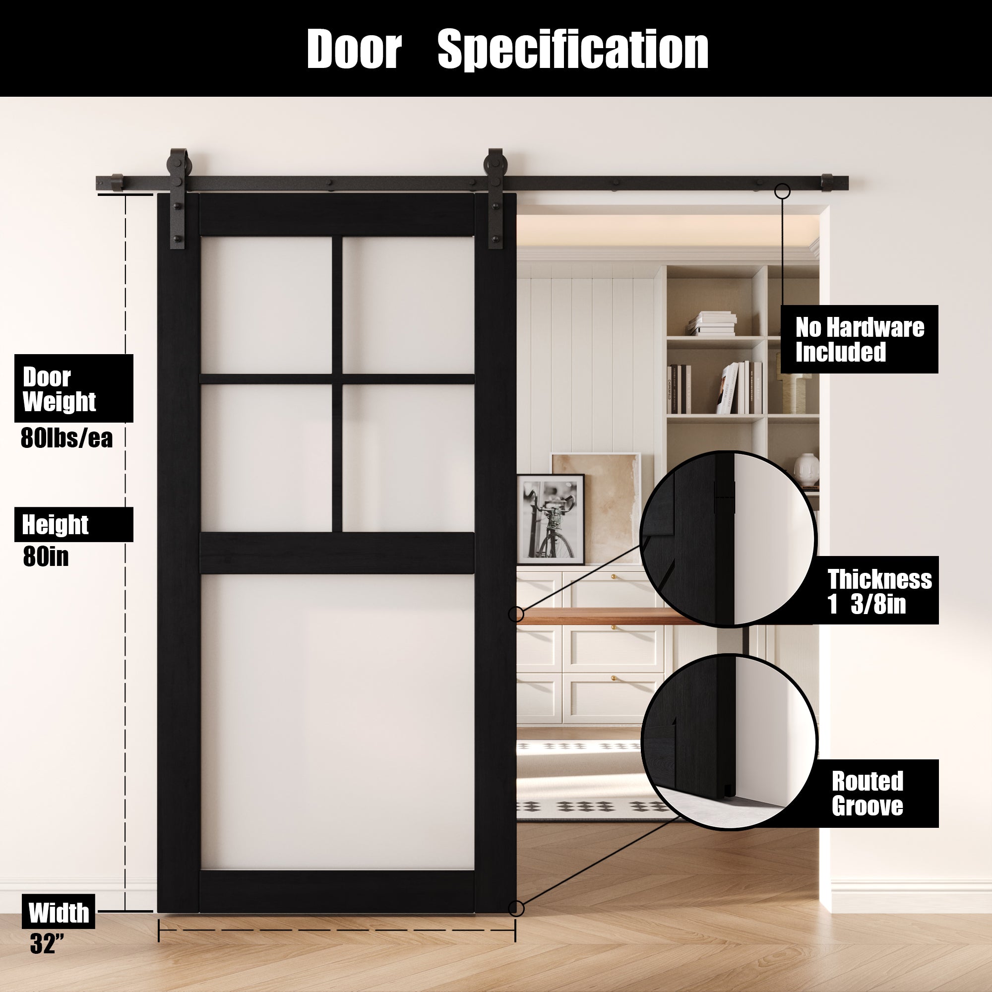 80" Height Black 5-Lite Frosted Glass Unassembled & Finished Pine Wood Barn Door (Interior Use Only)