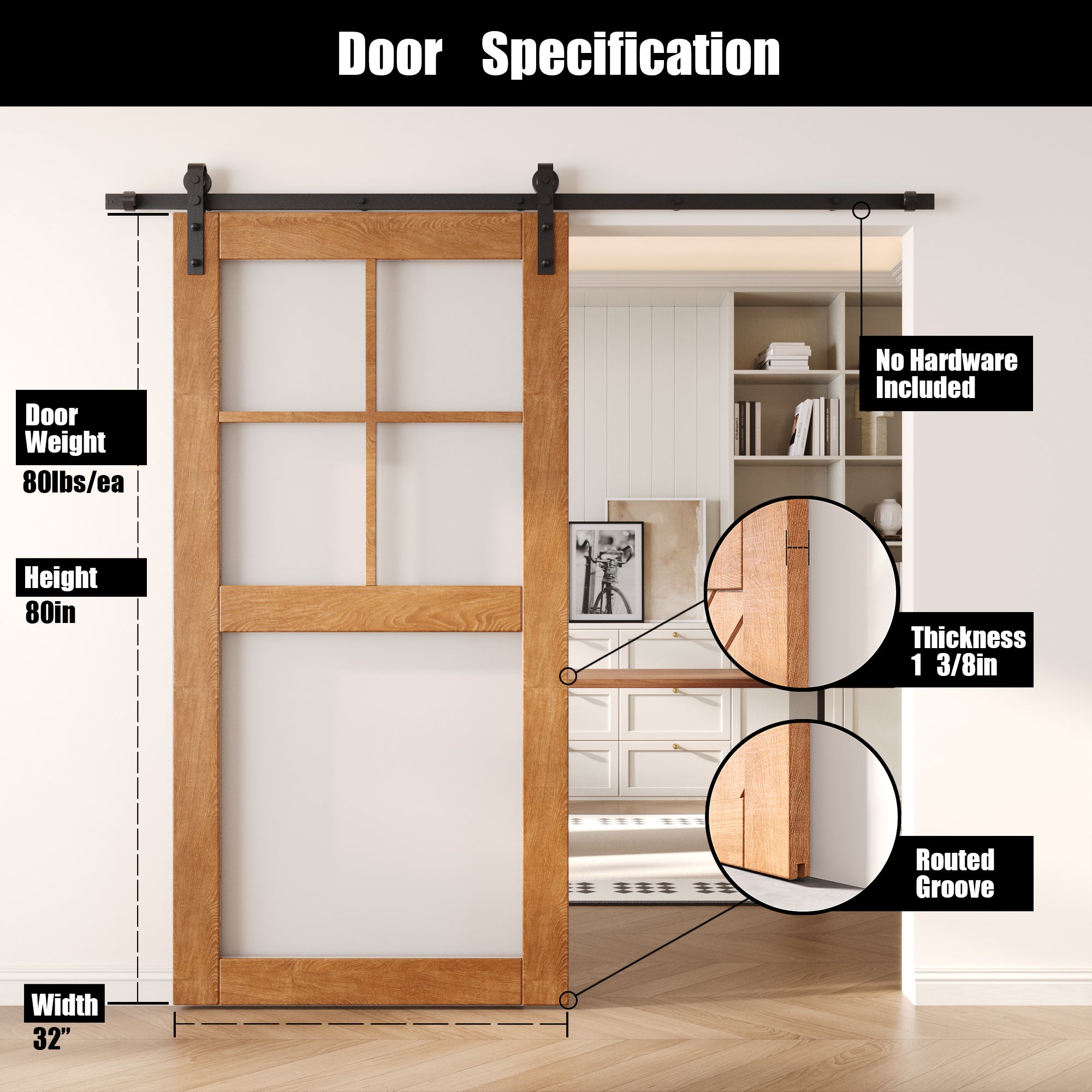 80" Height Early American 5-Lite Frosted Glass Unassembled & Finished Pine Wood Barn Door (Interior Use Only)