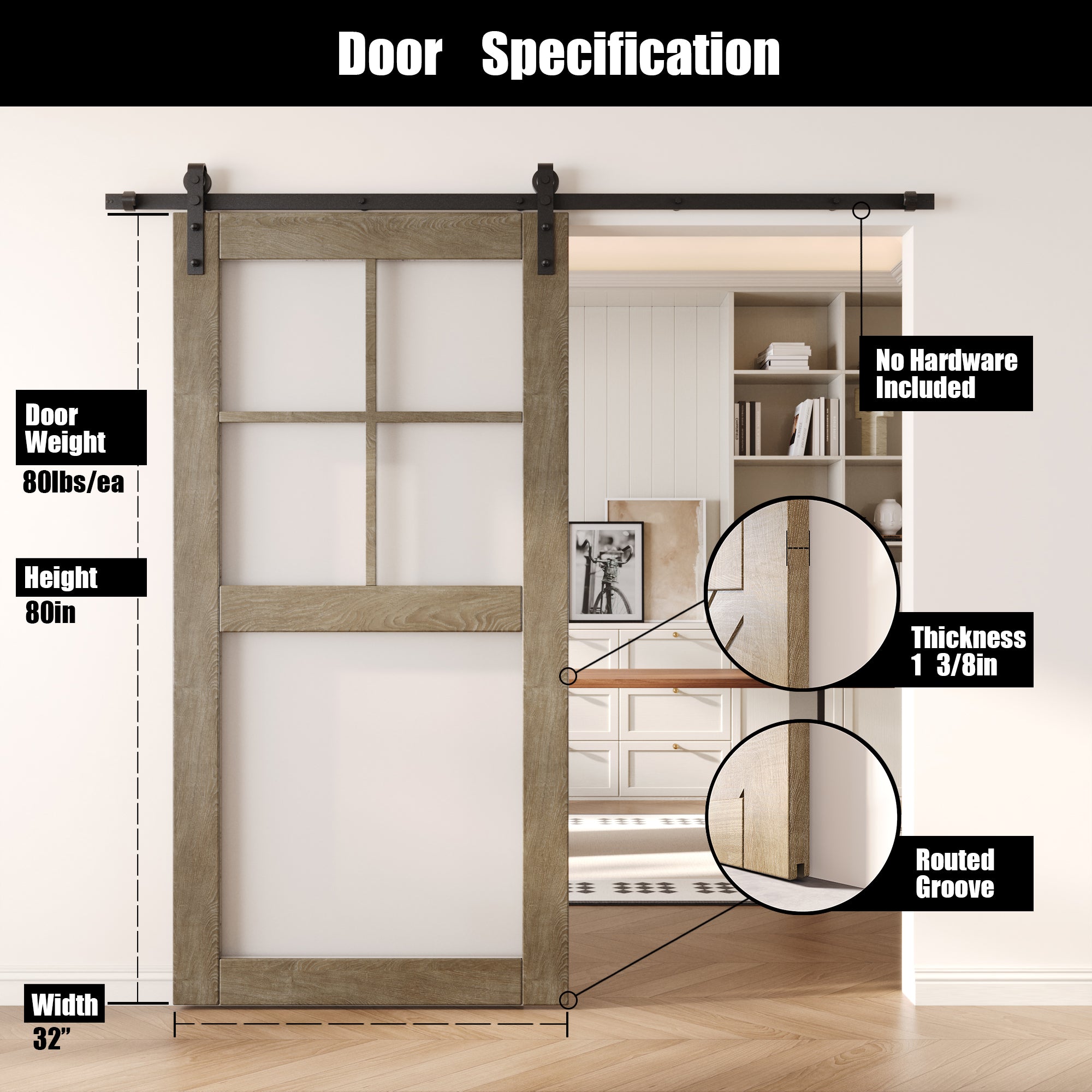 80" Height Classic Gray 5-Lite Frosted Glass Unassembled & Finished Pine Wood Barn Door (Interior Use Only)