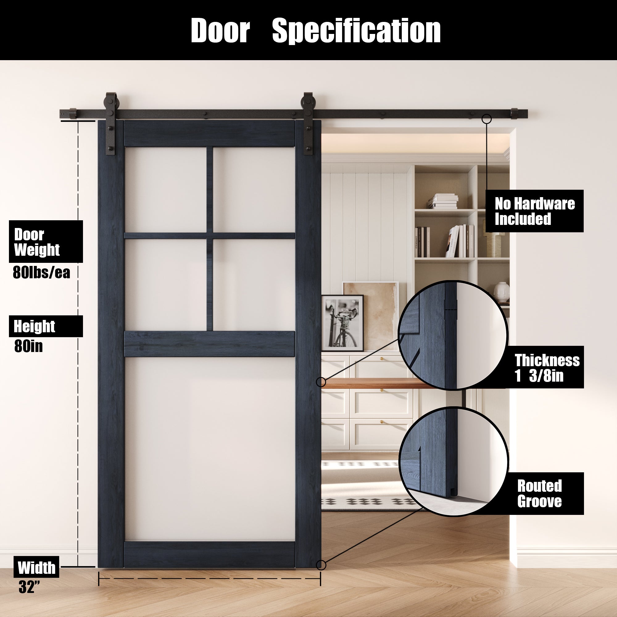 80" Height Navy 5-Lite Frosted Glass Unassembled & Finished Pine Wood Barn Door (Interior Use Only)