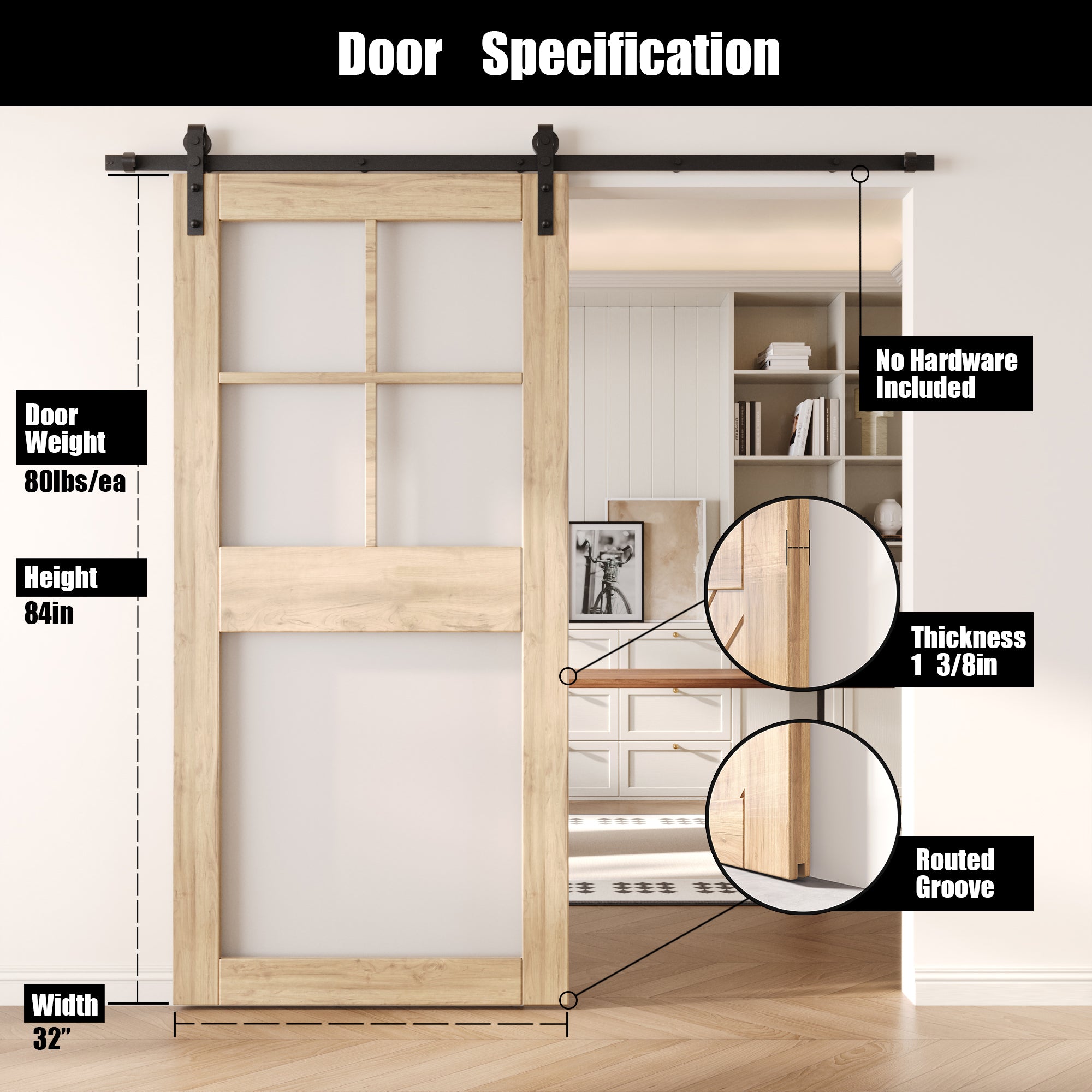 84" Height 5-Lite Frosted Glass Unassembled & Unfinished Pine Wood Barn Door (Interior Use Only)