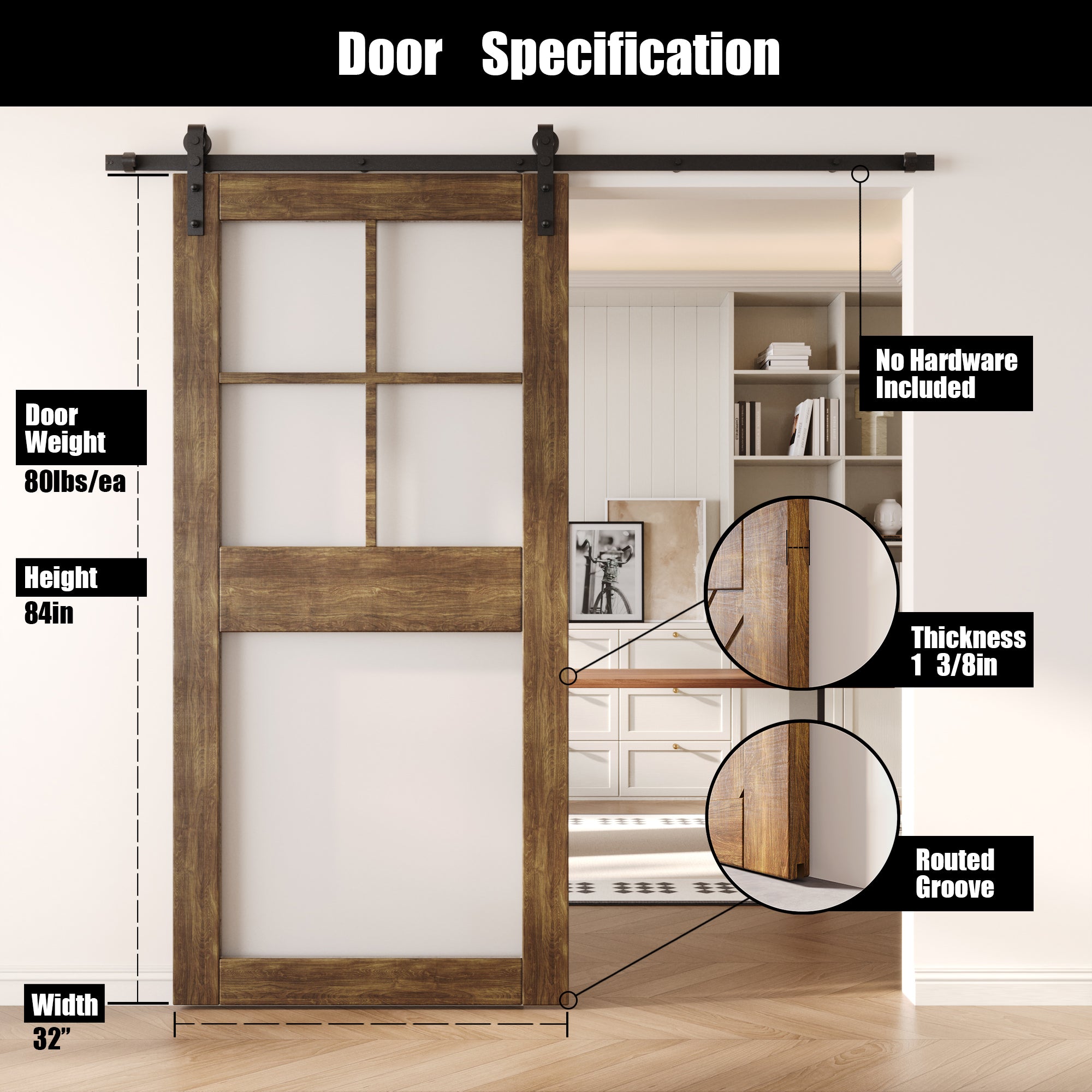 84" Height Dark Walnut 5-Lite Frosted Glass Unassembled & Finished Pine Wood Barn Door (Interior Use Only)