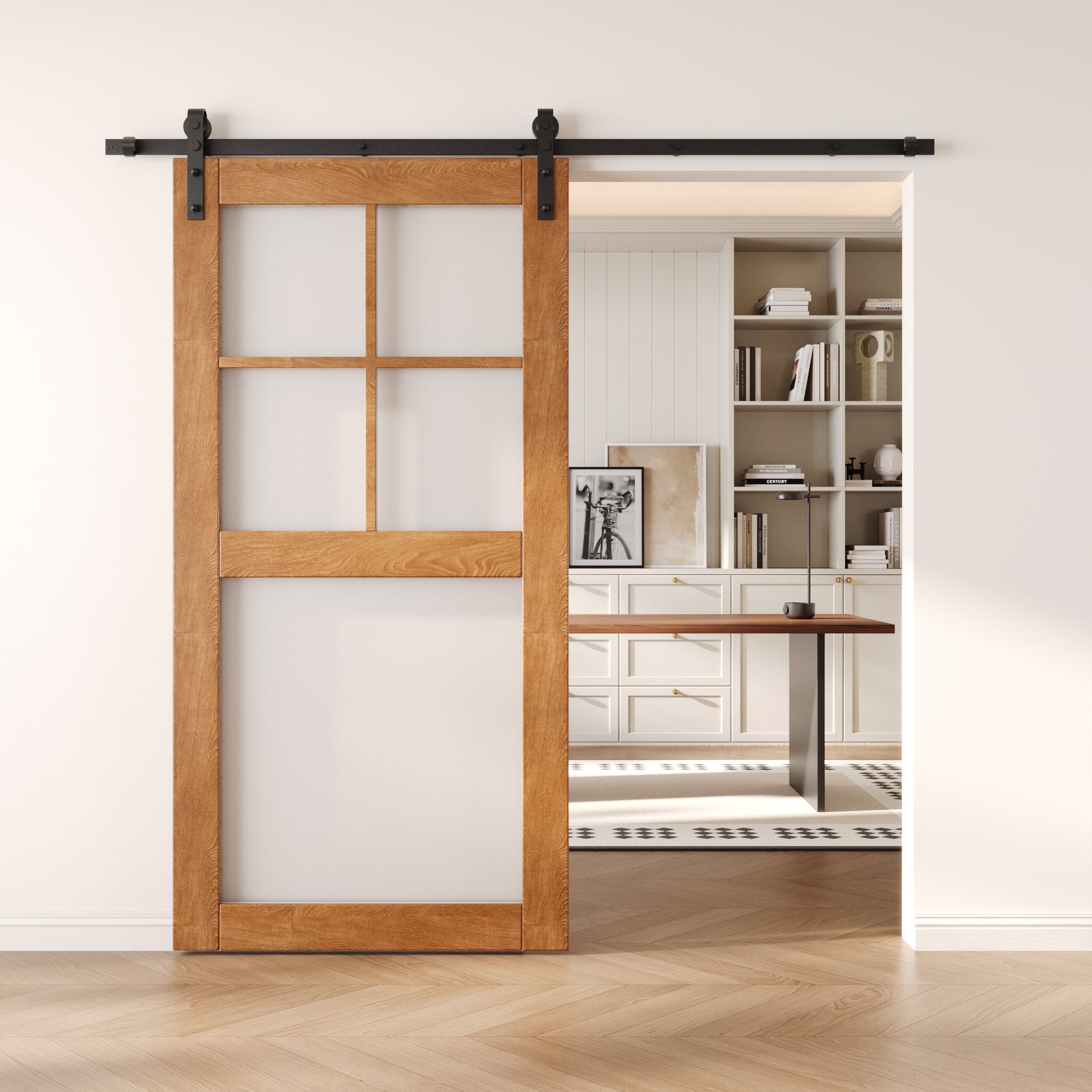 80" Height Early American 5-Lite Frosted Glass Unassembled & Finished Pine Wood Barn Door (Interior Use Only)