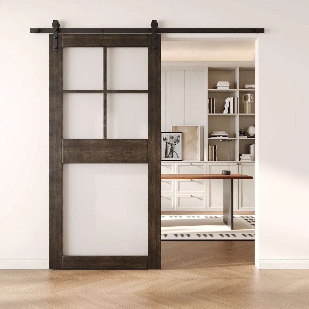 84-inch dark wood frosted glass barn door in a bright interior