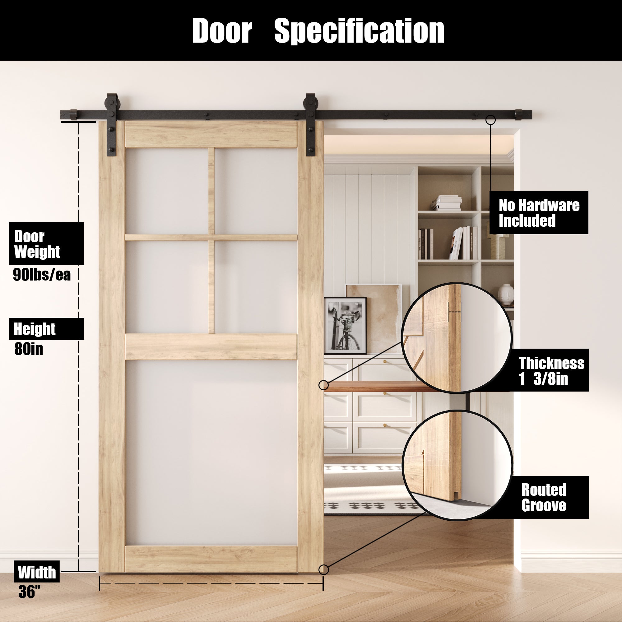 80" Height 5-Lite Frosted Glass Unassembled & Unfinished Pine Wood Barn Door (Interior Use Only)