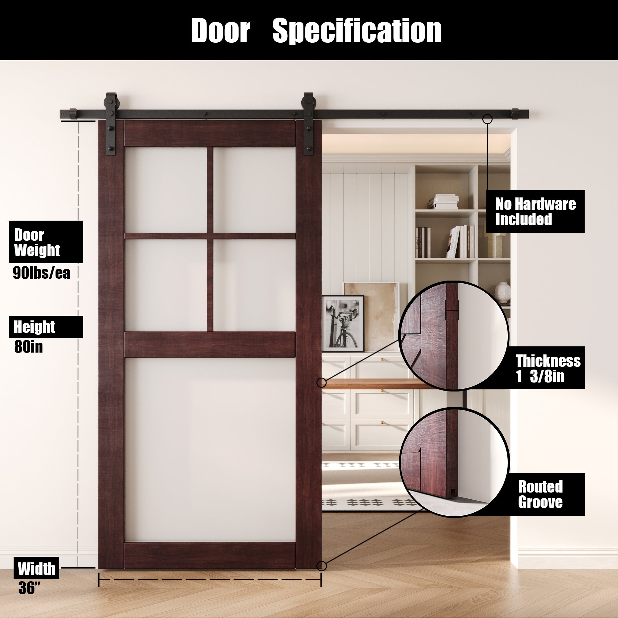 80" Height Red Mahogany 5-Lite Frosted Glass Unassembled & Finished Pine Wood Barn Door (Interior Use Only)