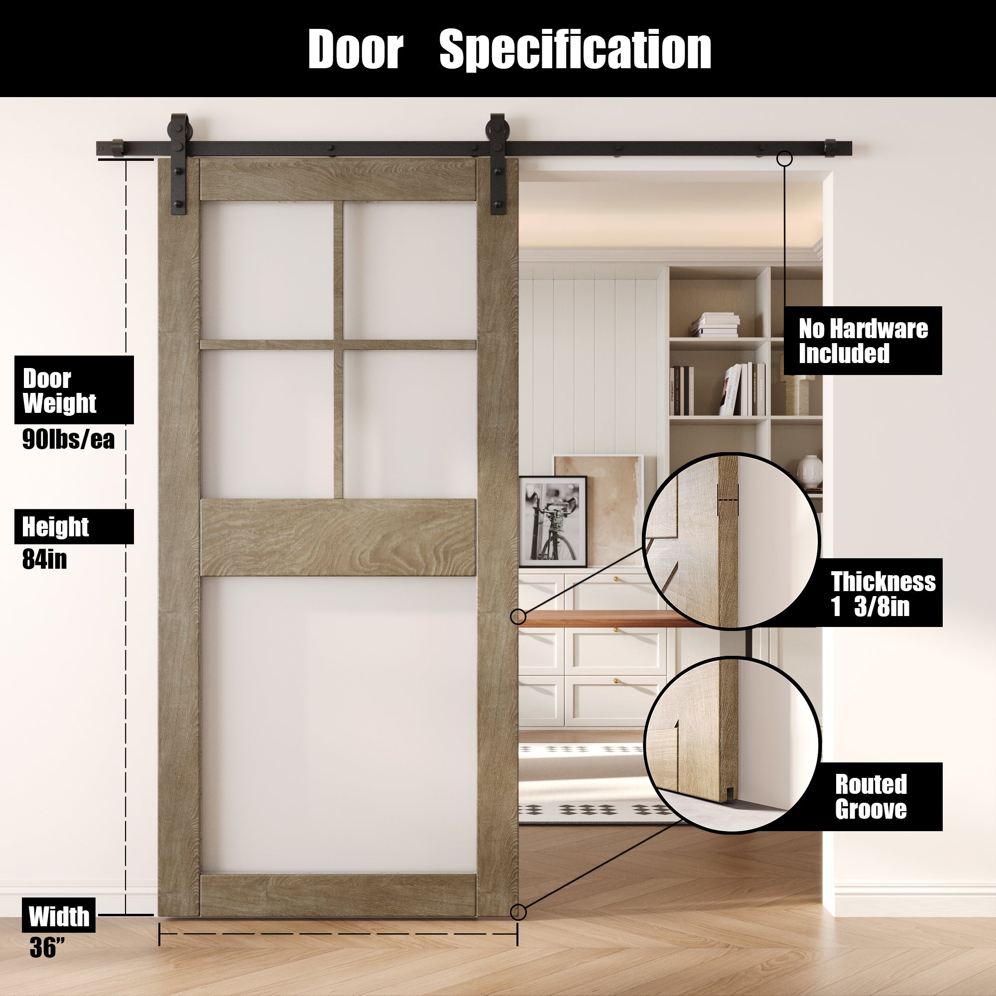 84" Height Classic Gray 5-Lite Frosted Glass Unassembled & Finished Pine Wood Barn Door (Interior Use Only)