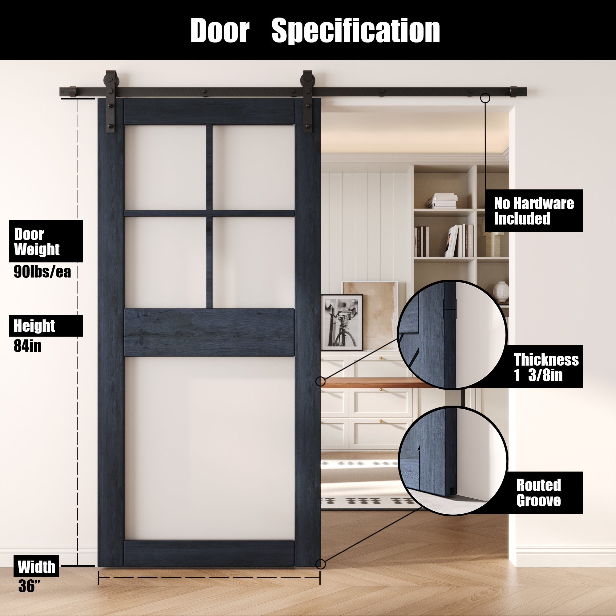 84" Height Navy 5-Lite Frosted Glass Unassembled & Finished Pine Wood Barn Door (Interior Use Only)