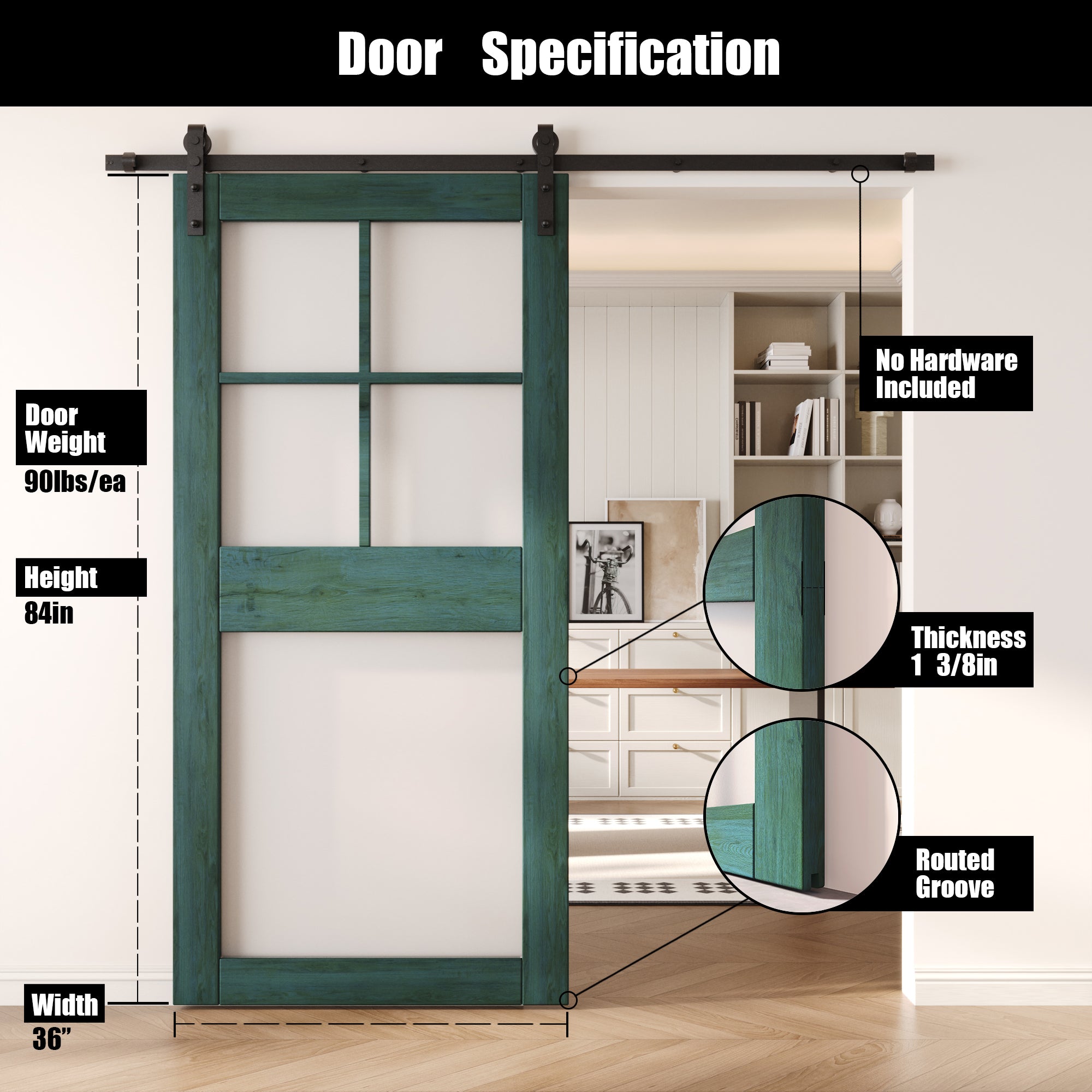 84" Height Royal Pine 5-Lite Frosted Glass Unassembled & Finished Pine Wood Barn Door (Interior Use Only)