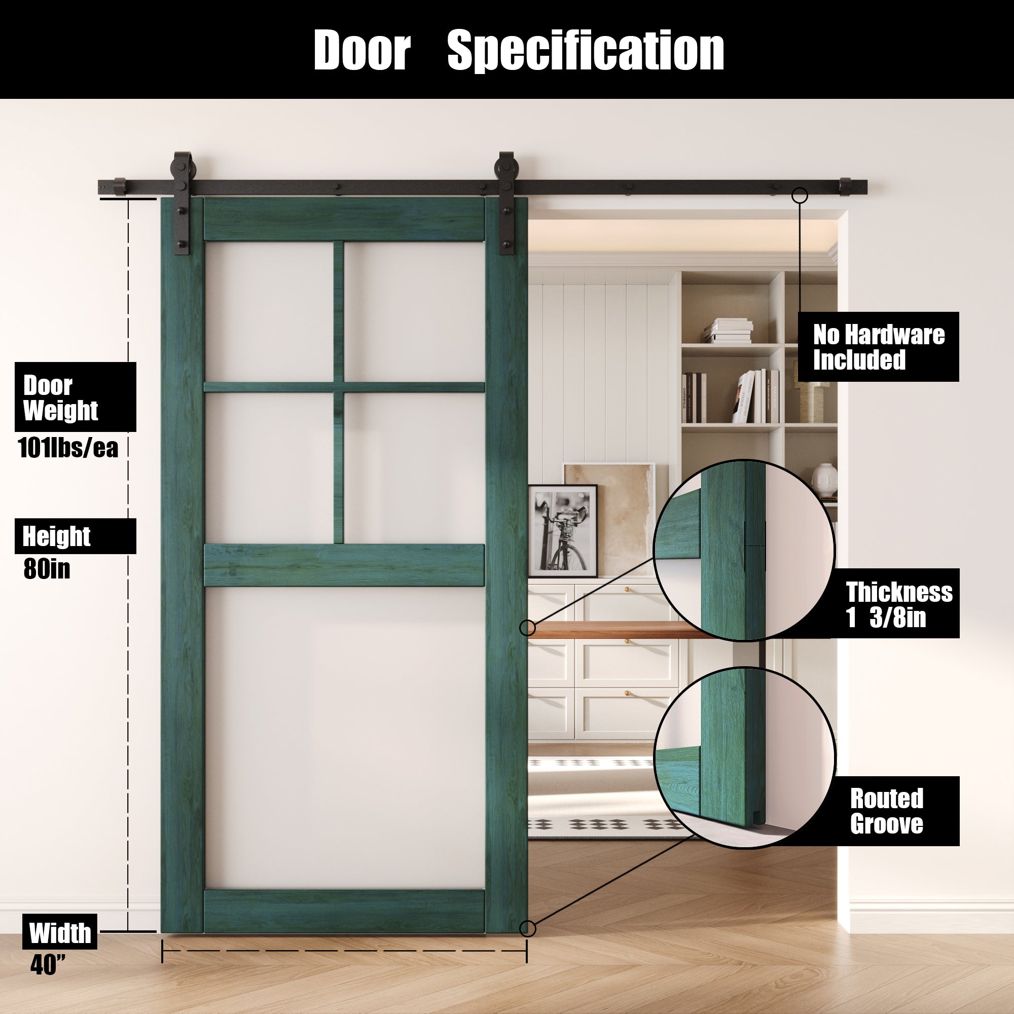 80" Height Royal Pine 5-Lite Frosted Glass Unassembled & Finished Pine Wood Barn Door (Interior Use Only)