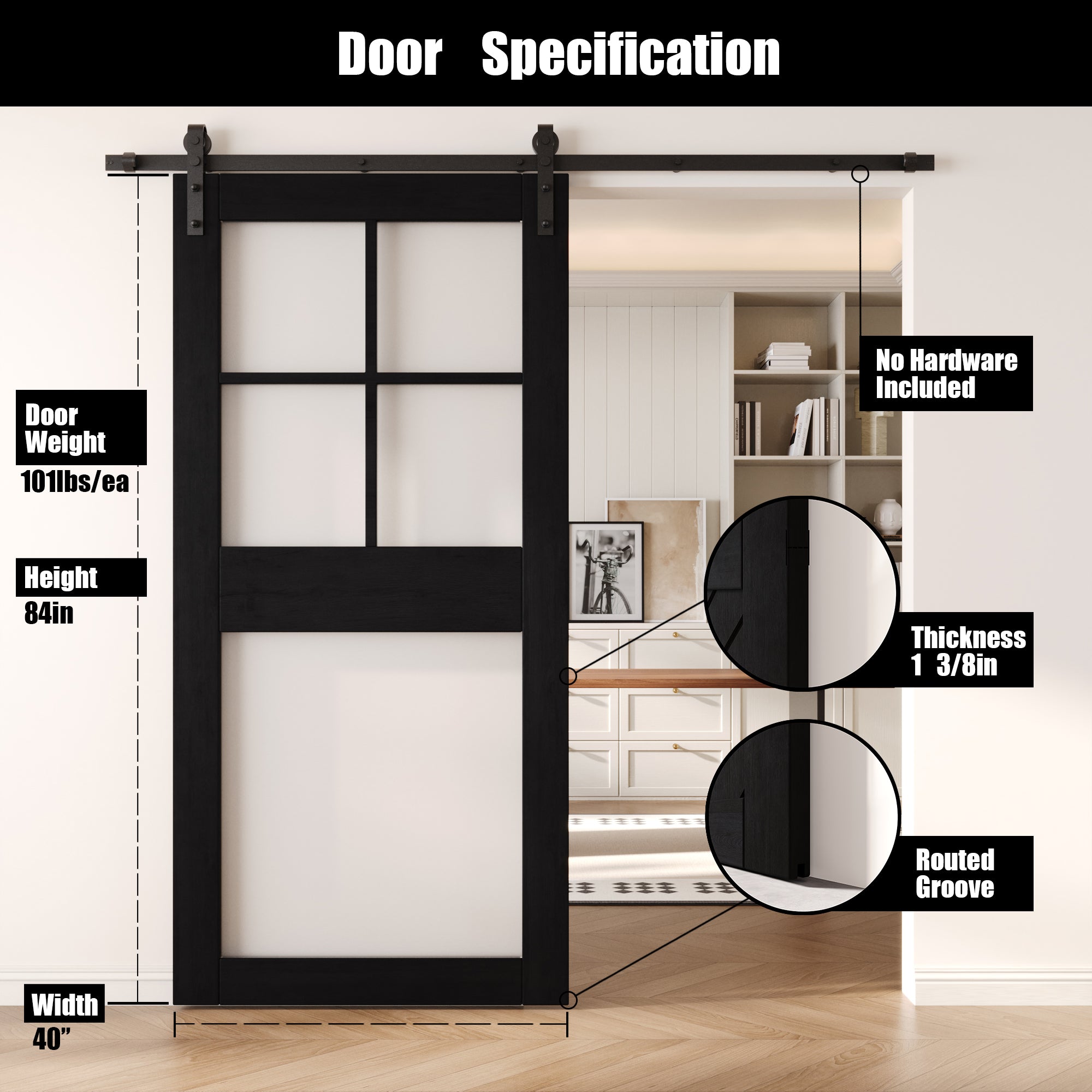 84" Height Black 5-Lite Frosted Glass Unassembled & Finished Pine Wood Barn Door (Interior Use Only)