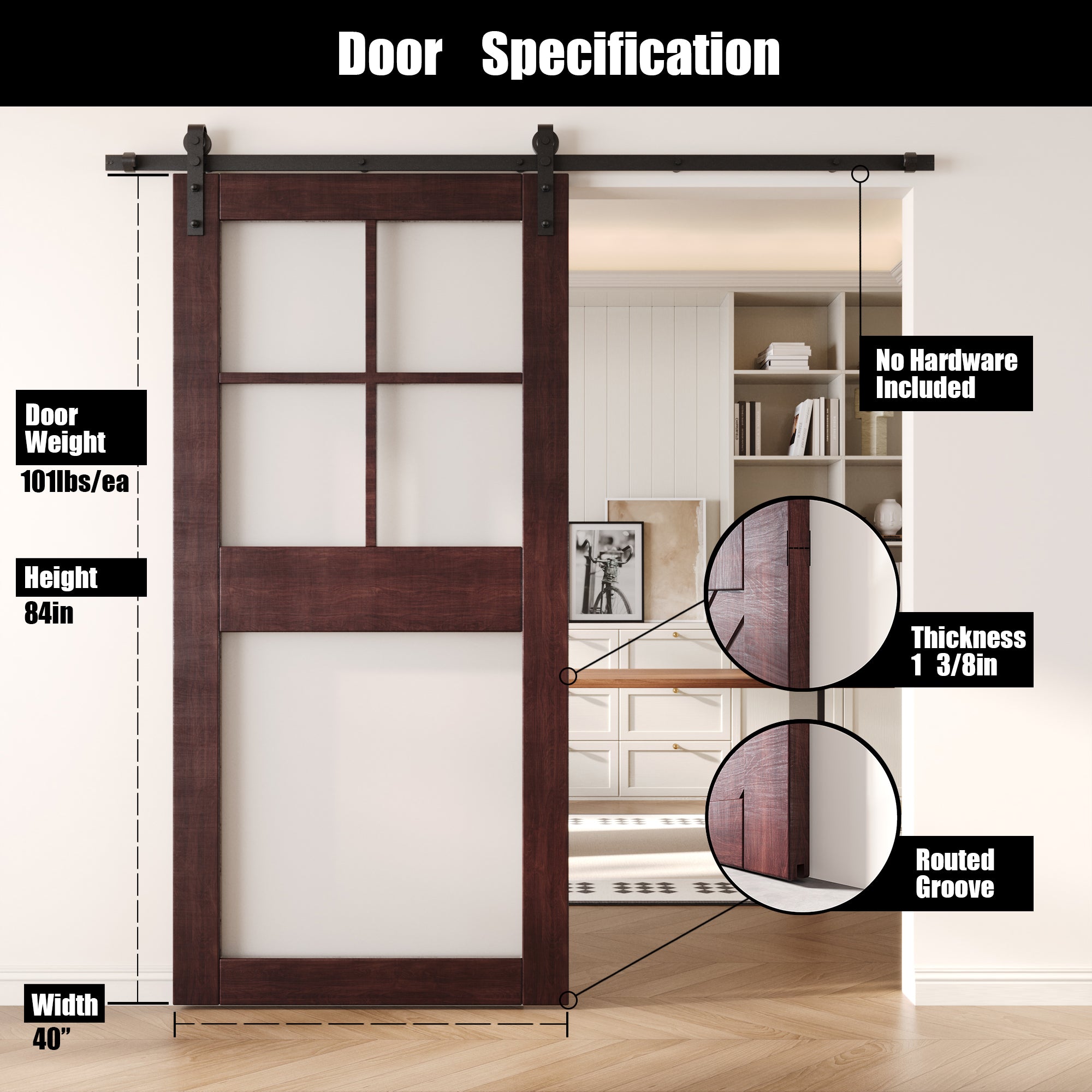 84" Height Red Mahogany 5-Lite Frosted Glass Unassembled & Finished Pine Wood Barn Door (Interior Use Only)