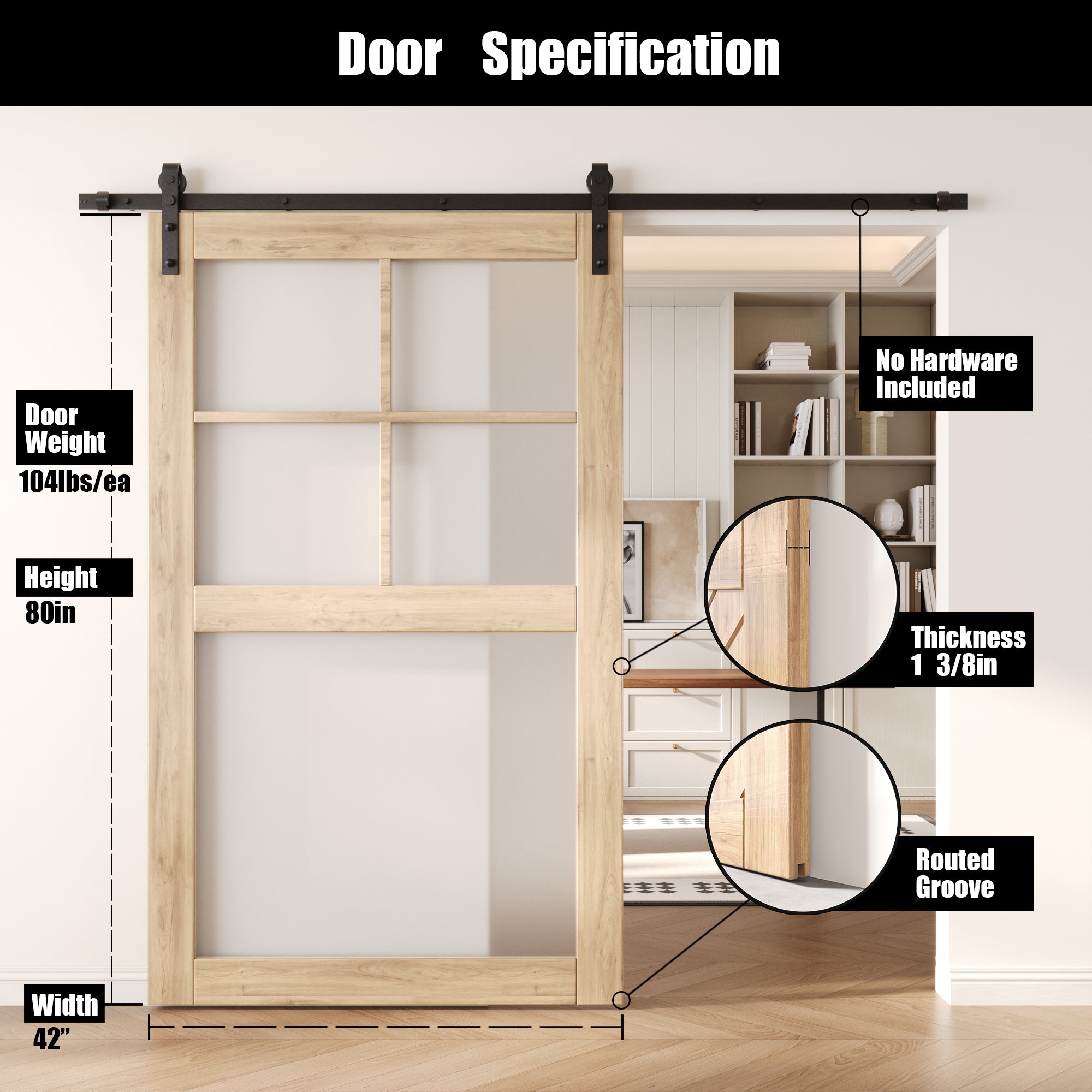 80" Height 5-Lite Frosted Glass Unassembled & Unfinished Pine Wood Barn Door (Interior Use Only)
