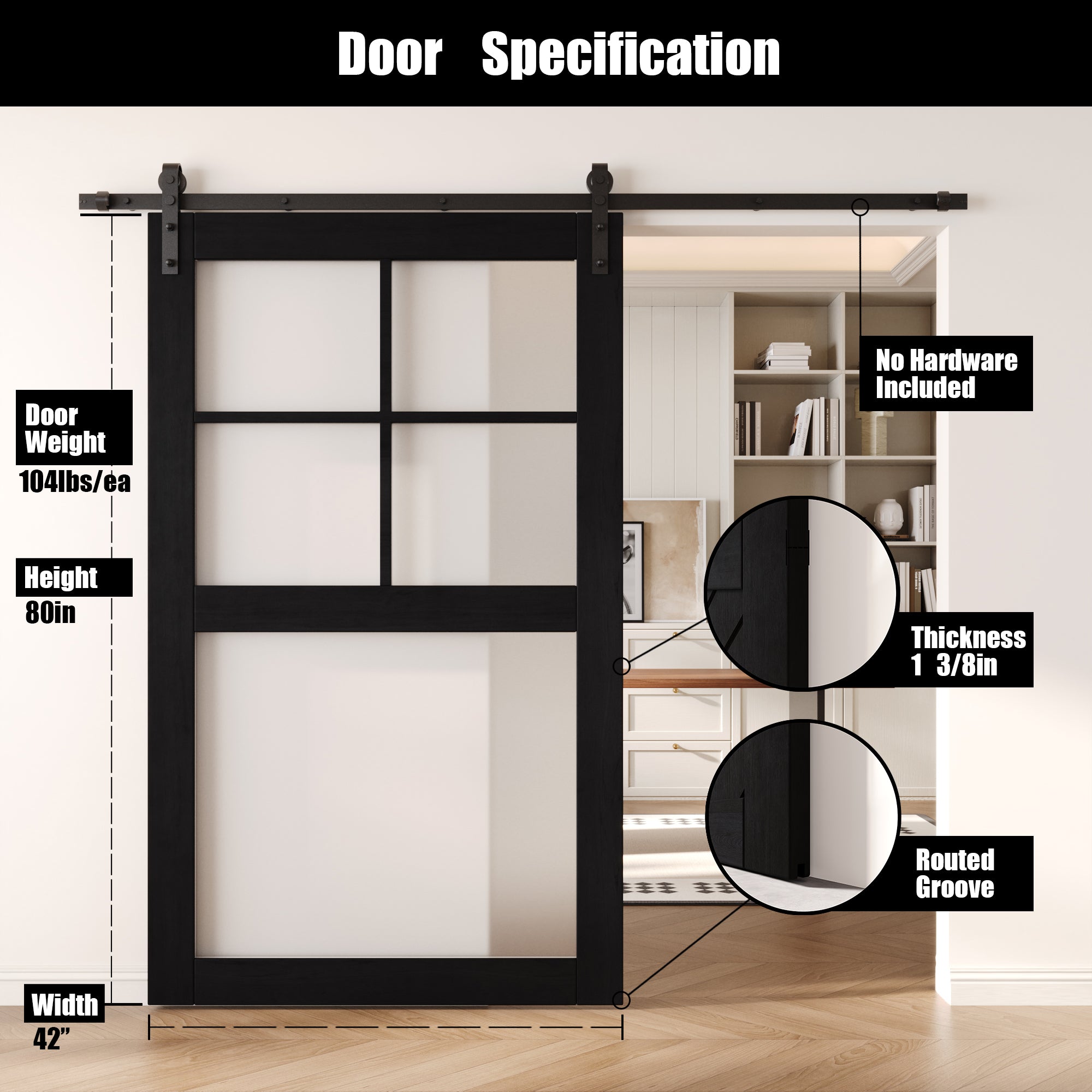 80" Height Black 5-Lite Frosted Glass Unassembled & Finished Pine Wood Barn Door (Interior Use Only)