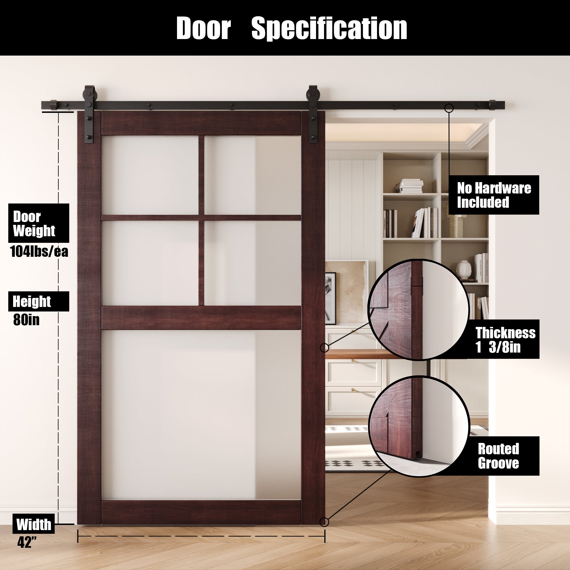 80" Height Red Mahogany 5-Lite Frosted Glass Unassembled & Finished Pine Wood Barn Door (Interior Use Only)
