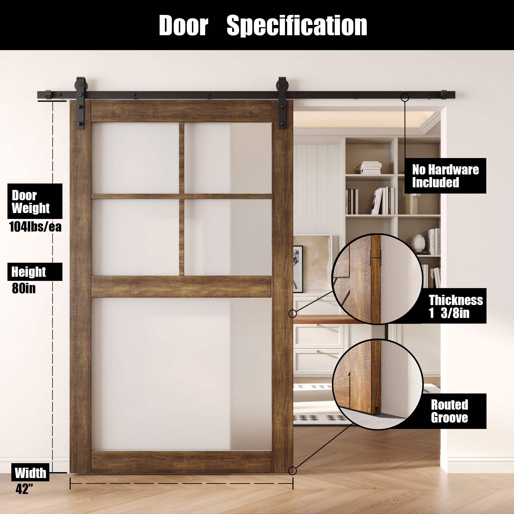80" Height Dark Walnut 5-Lite Frosted Glass Unassembled & Finished Pine Wood Barn Door (Interior Use Only)