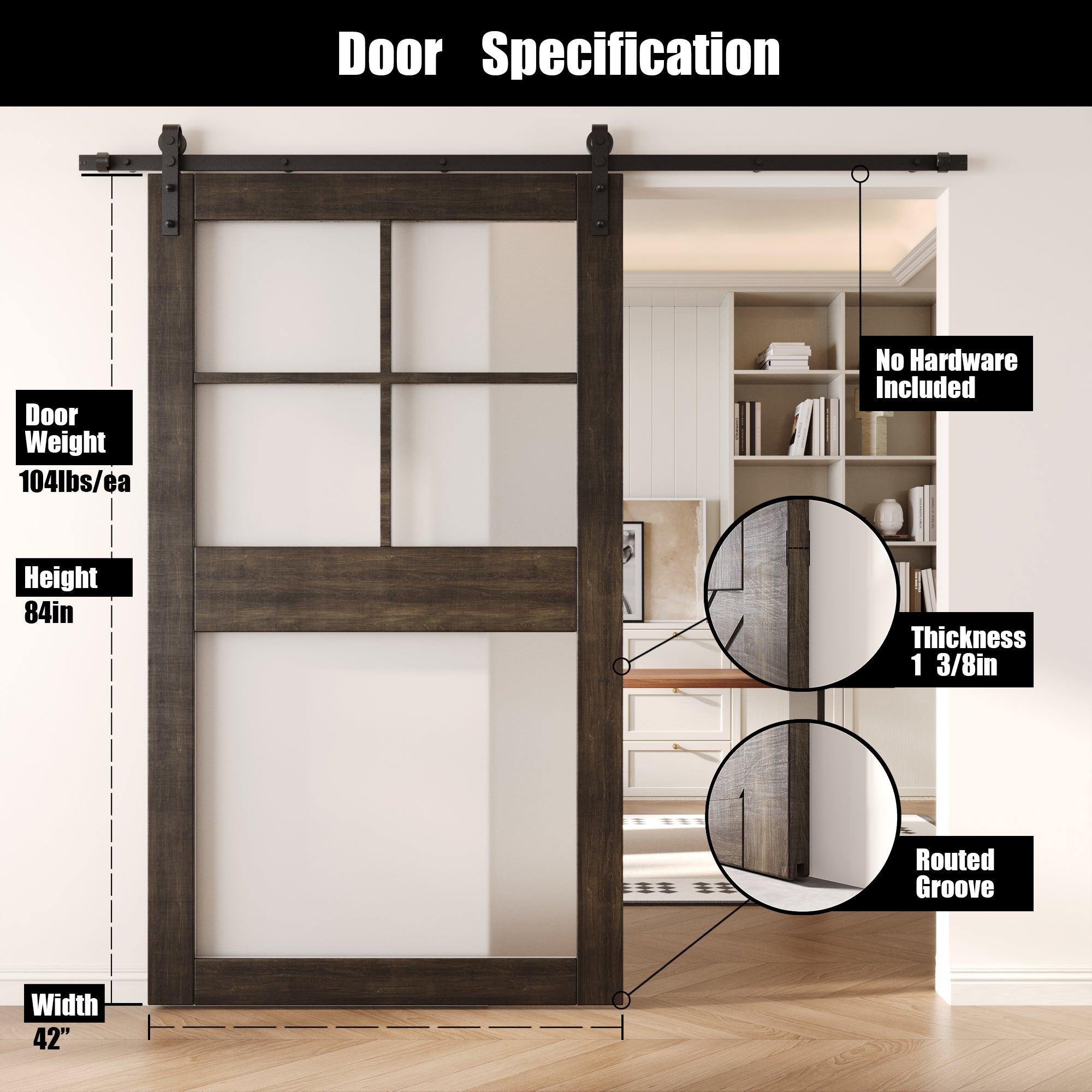 84" Height Ebony 5-Lite Frosted Glass Unassembled & Finished Pine Wood Barn Door (Interior Use Only)