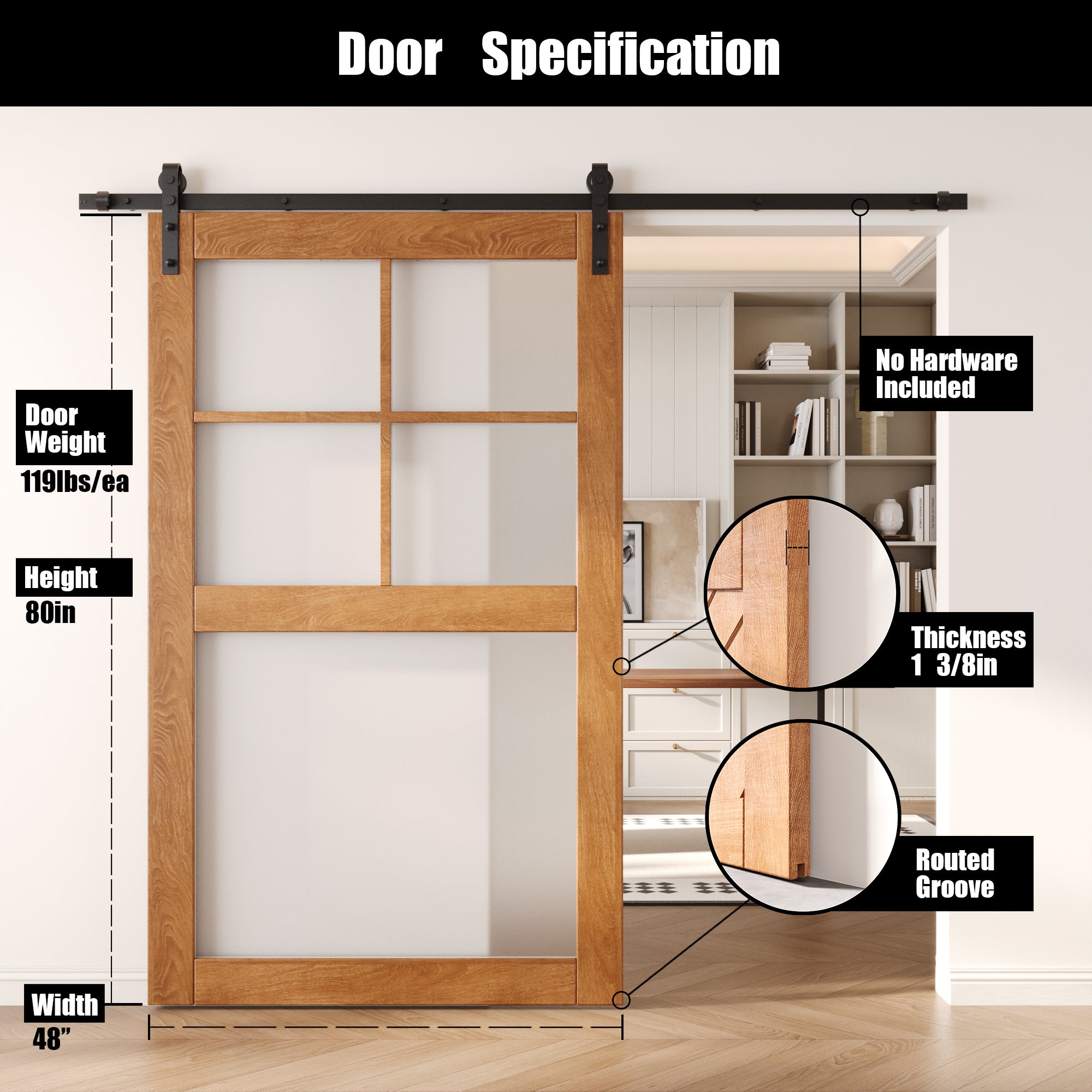 80" Height Early American 5-Lite Frosted Glass Unassembled & Finished Pine Wood Barn Door (Interior Use Only)