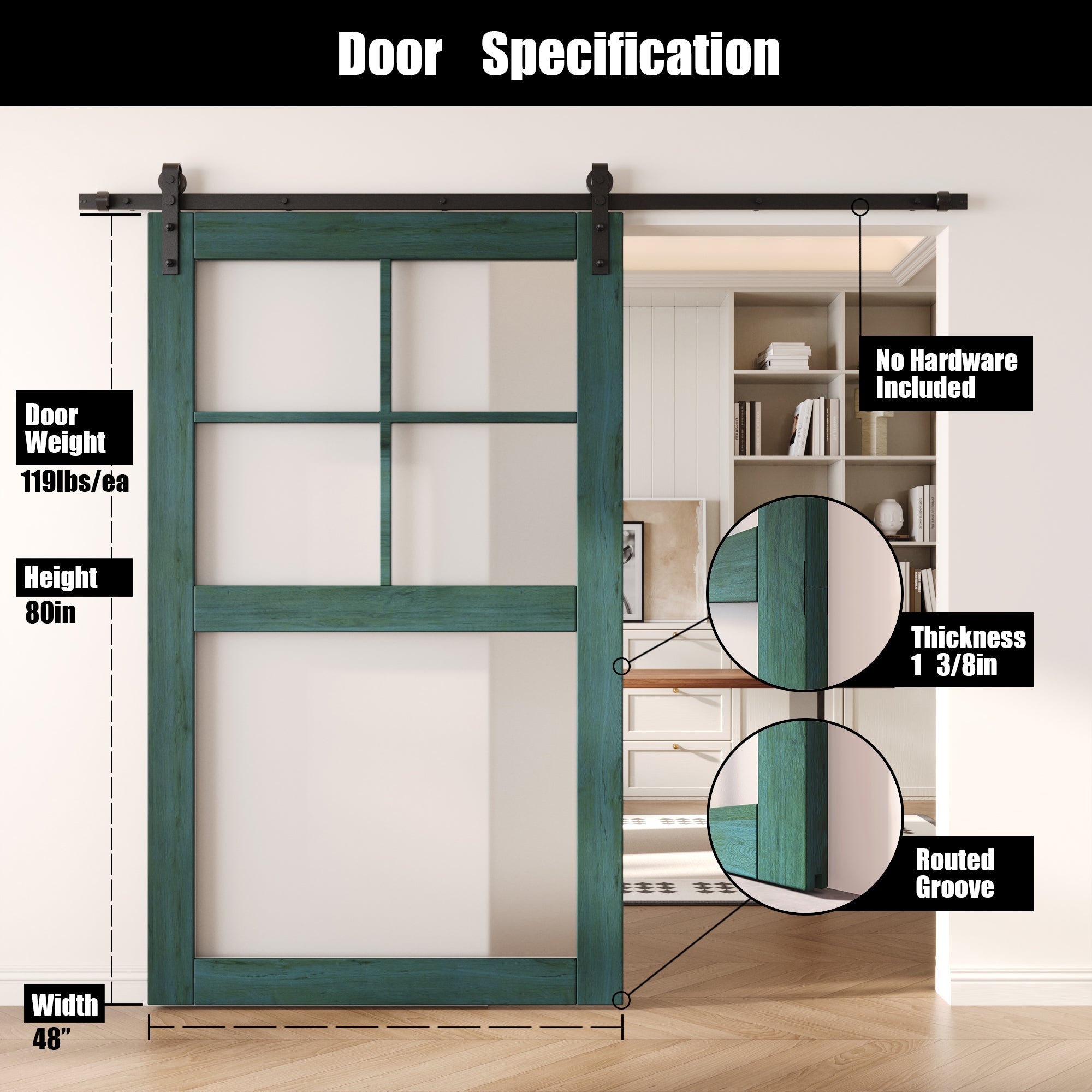 80" Height Royal Pine 5-Lite Frosted Glass Unassembled & Finished Pine Wood Barn Door (Interior Use Only)