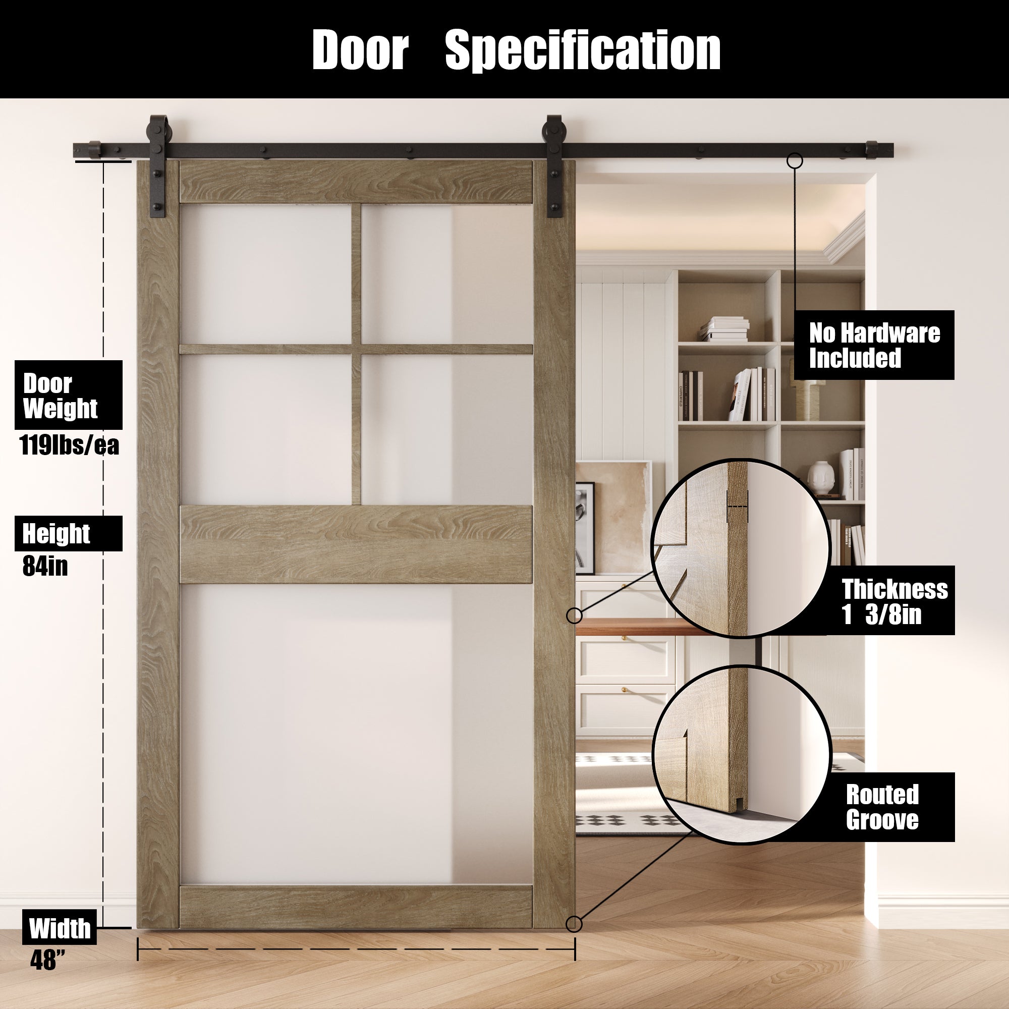 84" Height Classic Gray 5-Lite Frosted Glass Unassembled & Finished Pine Wood Barn Door (Interior Use Only)