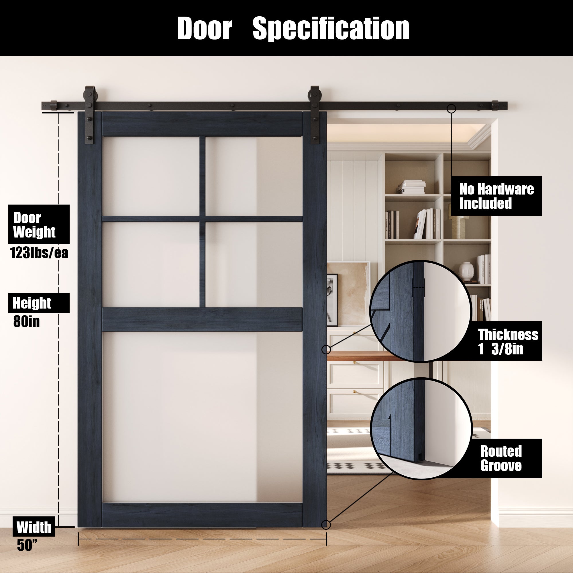 80" Height Navy 5-Lite Frosted Glass Unassembled & Finished Pine Wood Barn Door (Interior Use Only)