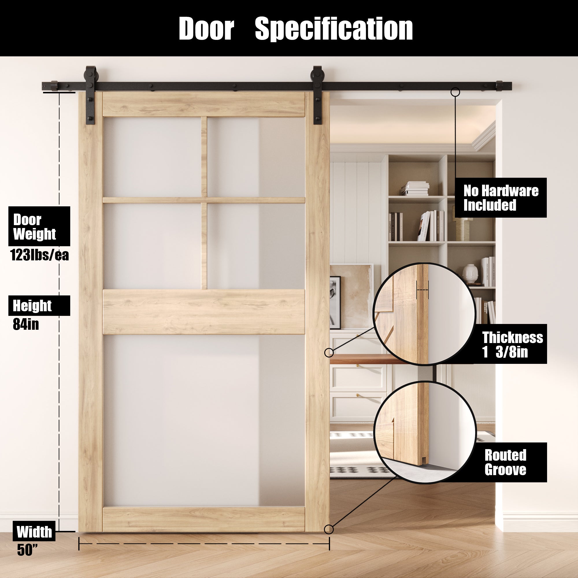 84" Height 5-Lite Frosted Glass Unassembled & Unfinished Pine Wood Barn Door (Interior Use Only)