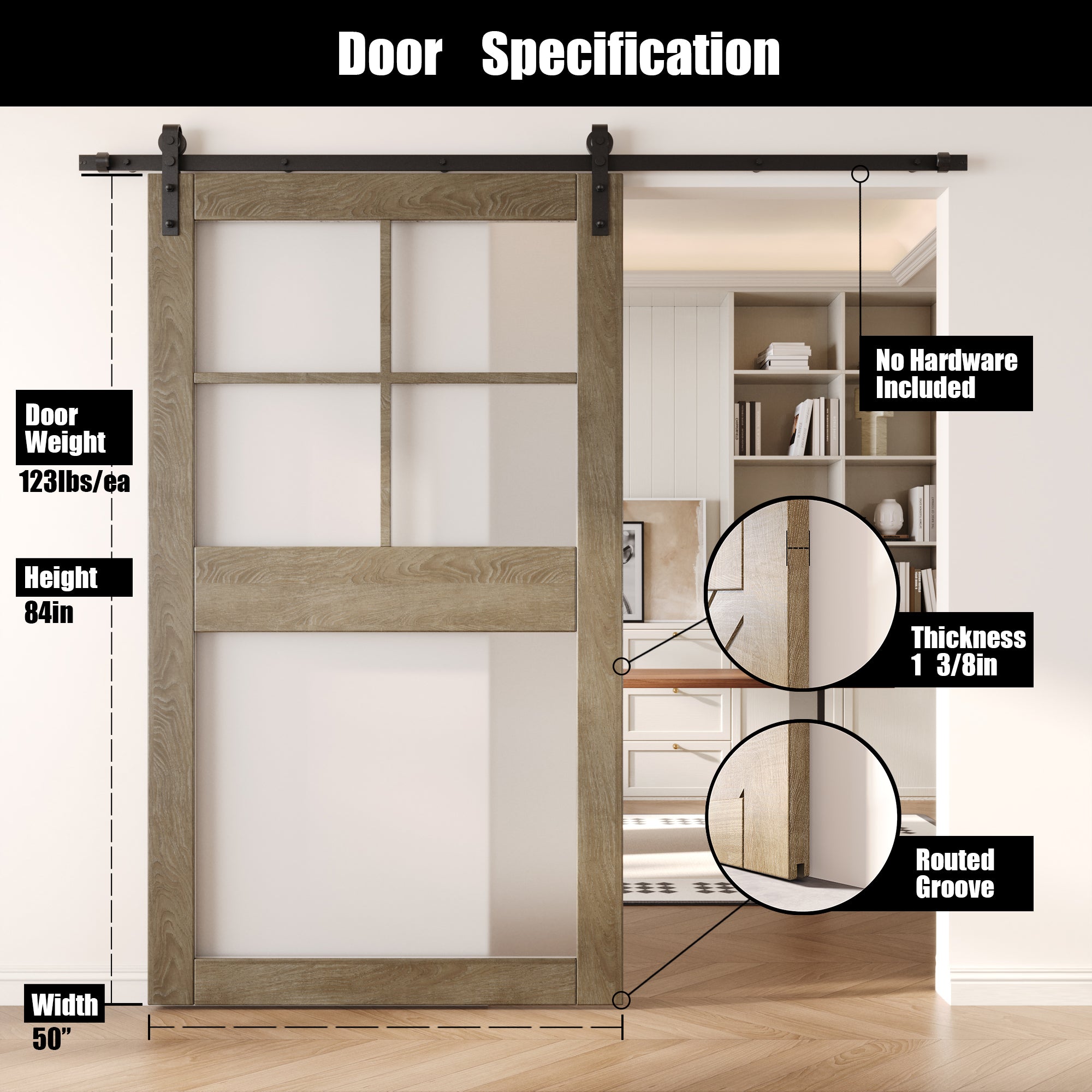 84" Height Classic Gray 5-Lite Frosted Glass Unassembled & Finished Pine Wood Barn Door (Interior Use Only)
