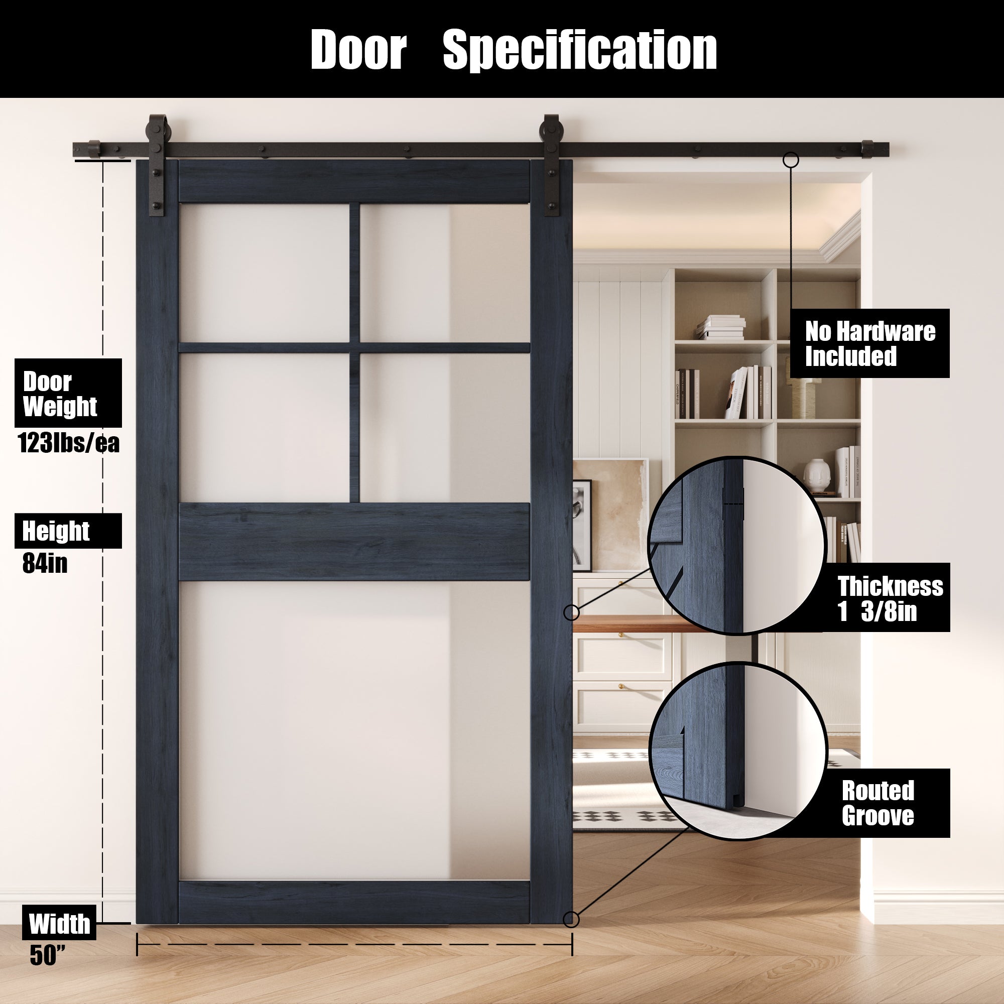 84" Height Navy 5-Lite Frosted Glass Unassembled & Finished Pine Wood Barn Door (Interior Use Only)