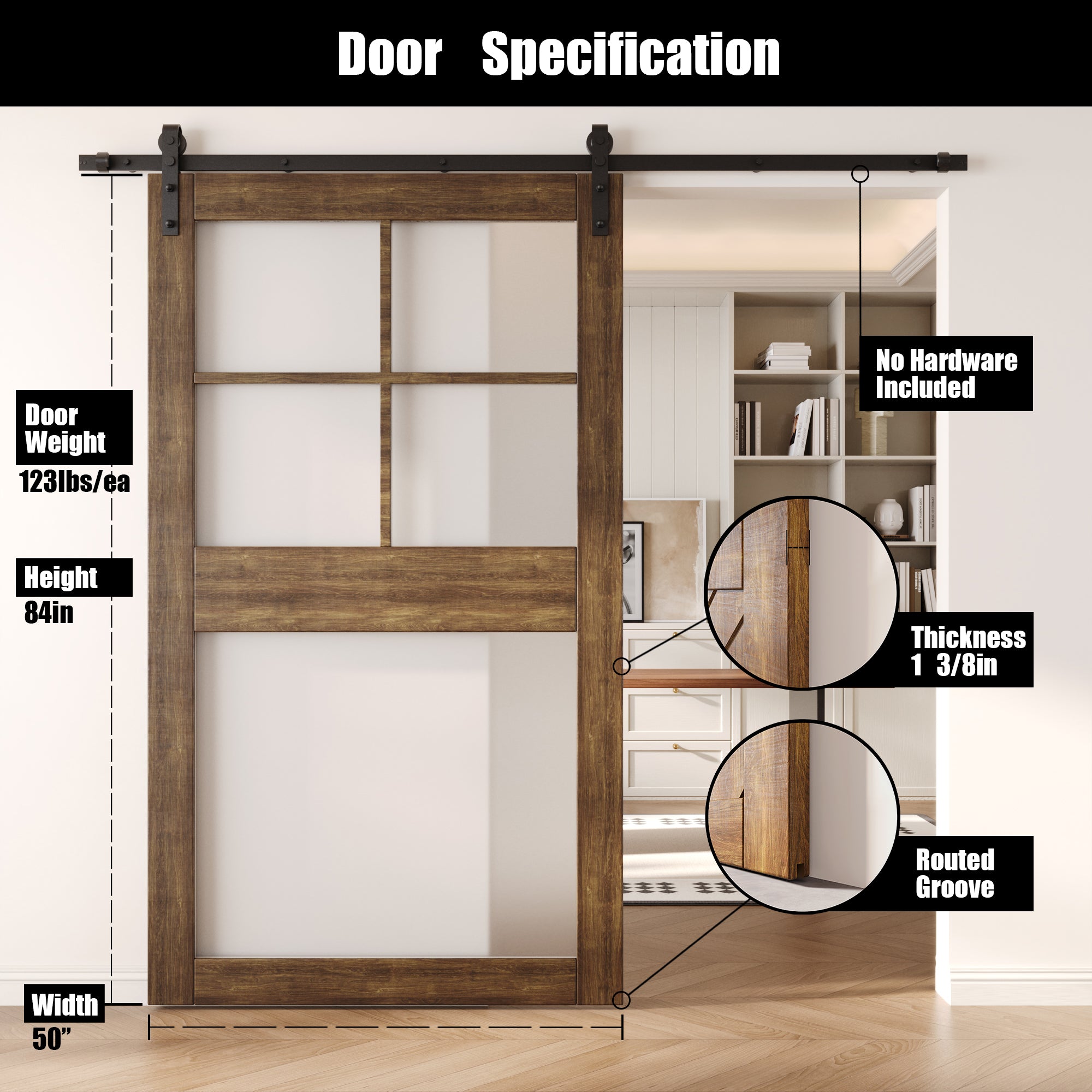 84" Height Dark Walnut 5-Lite Frosted Glass Unassembled & Finished Pine Wood Barn Door (Interior Use Only)