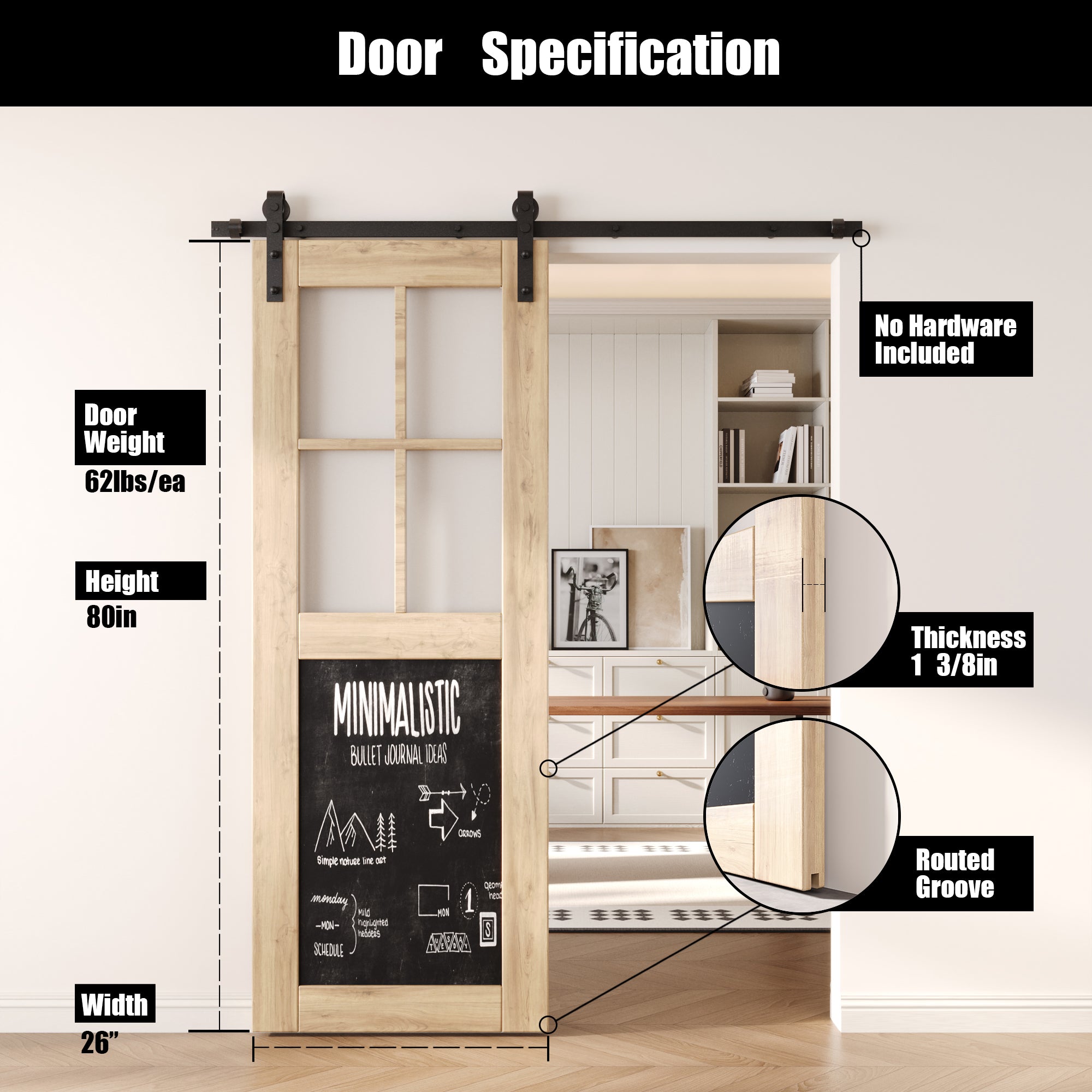 80" Height Half Lite Chalkboard Unassembled & Unfinished Pine Wood Barn Door (Interior Use Only)