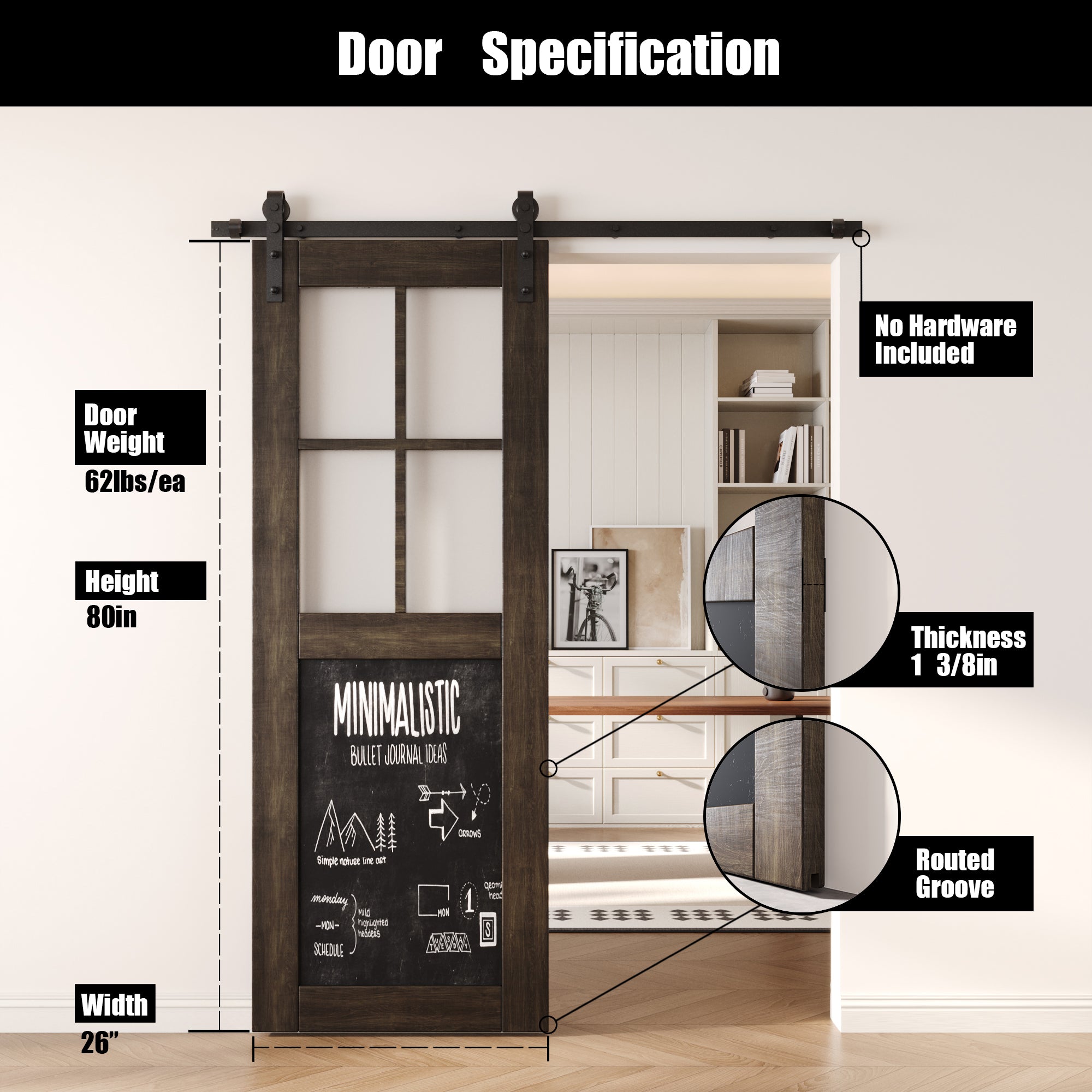 80" Height Ebony Half Lite Chalkboard Unassembled & Finished Pine Wood Barn Door (Interior Use Only)