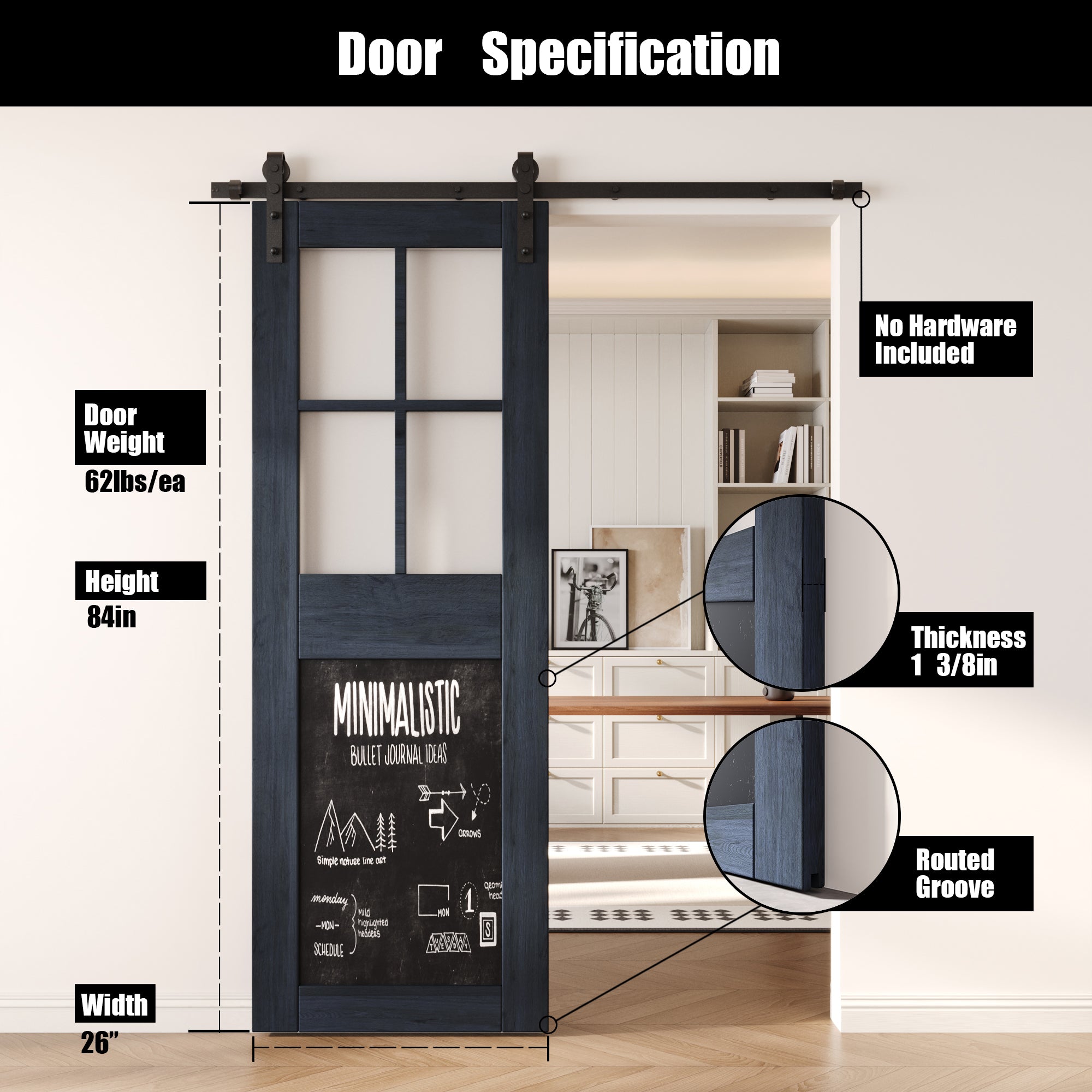 84" Height Navy Half Lite Chalkboard Unassembled & Finished Pine Wood Barn Door (Interior Use Only)