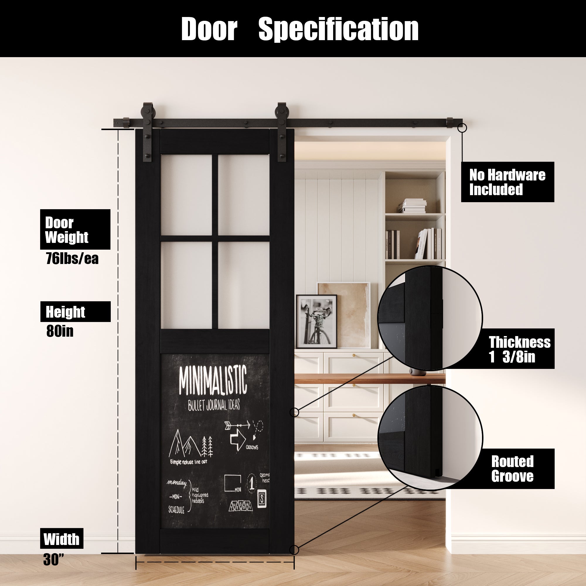 80" Height Black Half Lite Chalkboard Unassembled & Finished Pine Wood Barn Door (Interior Use Only)