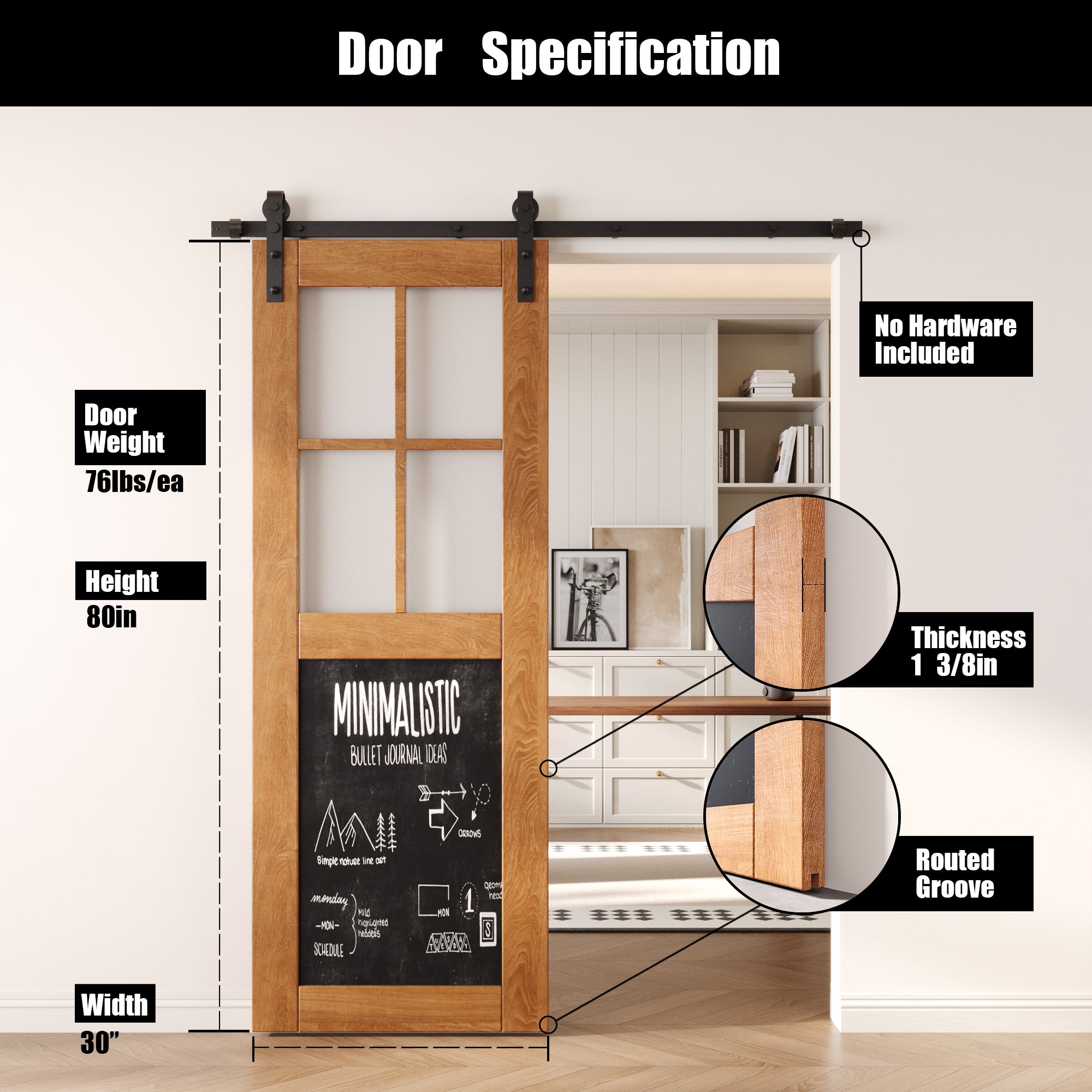 80" Height Early American Half Lite Chalkboard Unassembled & Finished Pine Wood Barn Door (Interior Use Only)