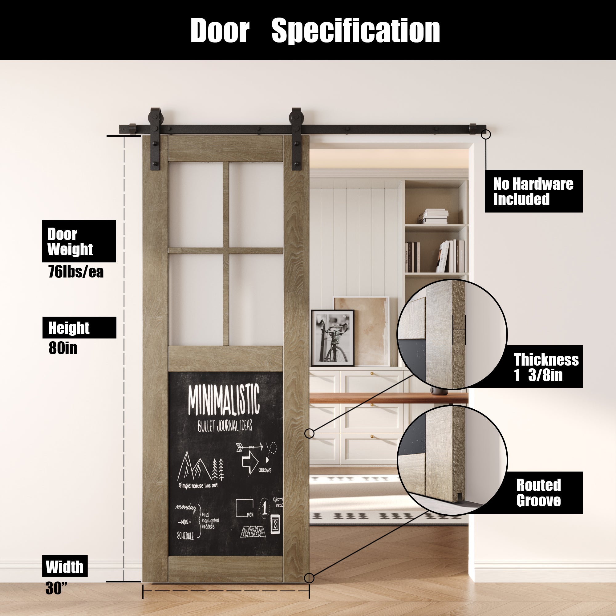 80" Height Classic Gray Half Lite Chalkboard Unassembled & Finished Pine Wood Barn Door (Interior Use Only)