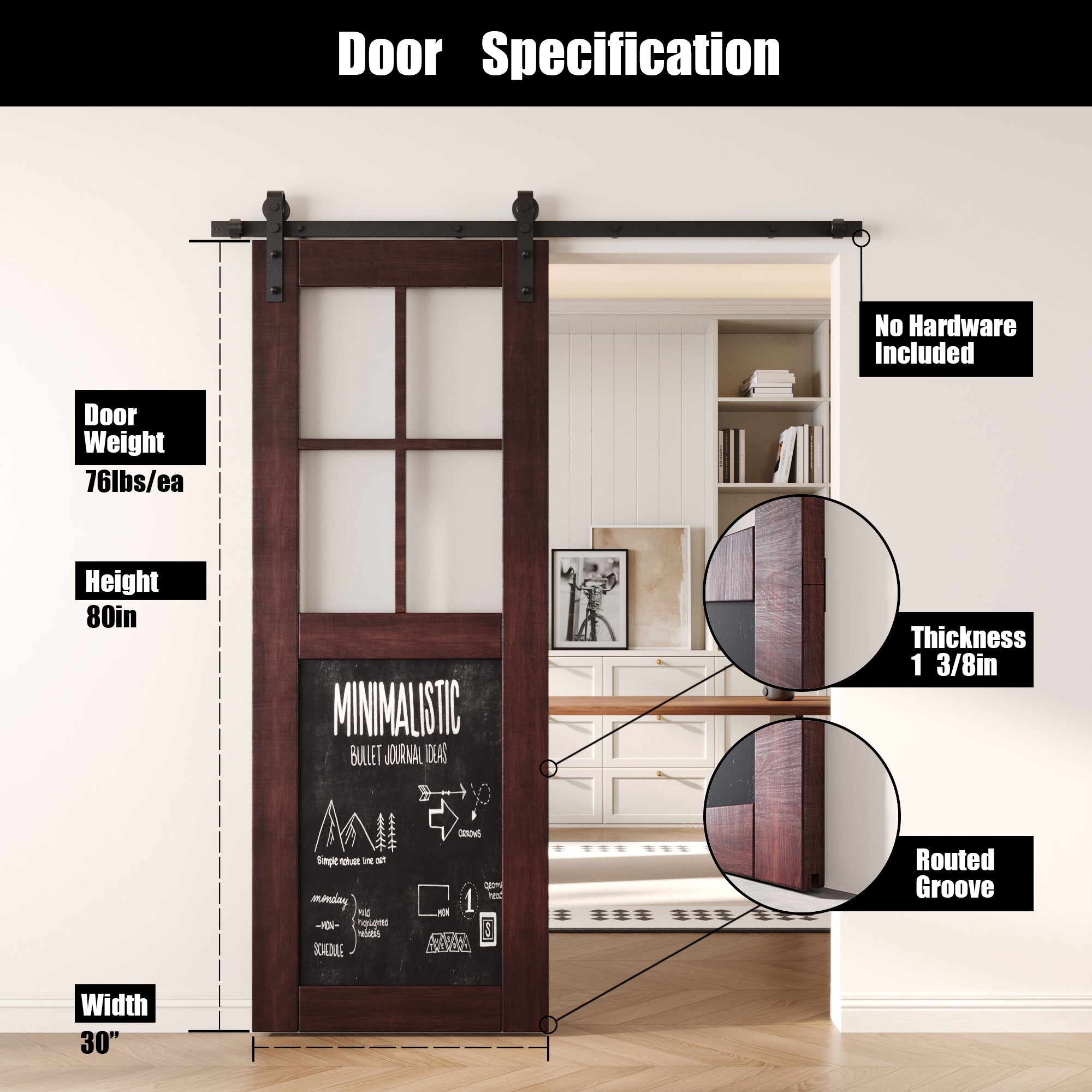 80" Height Red Mahogany Half Lite Chalkboard Unassembled & Finished Pine Wood Barn Door (Interior Use Only)
