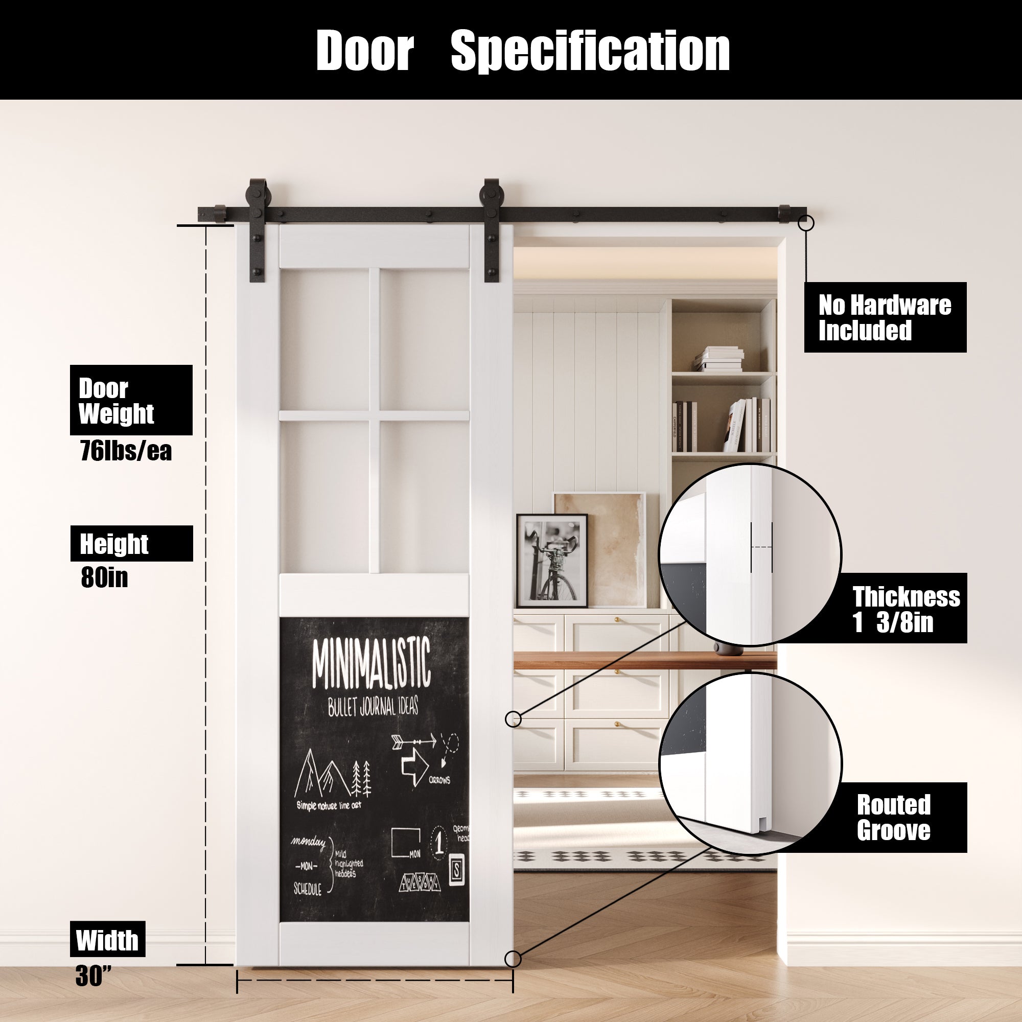 80" Height White Half Lite Chalkboard Unassembled & Finished Pine Wood Barn Door (Interior Use Only)