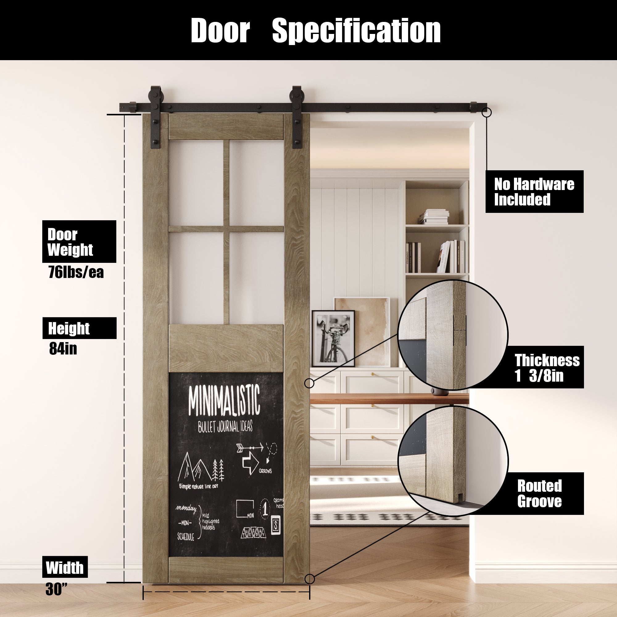 84" Height Classic Gray Half Lite Chalkboard Unassembled & Finished Pine Wood Barn Door (Interior Use Only)
