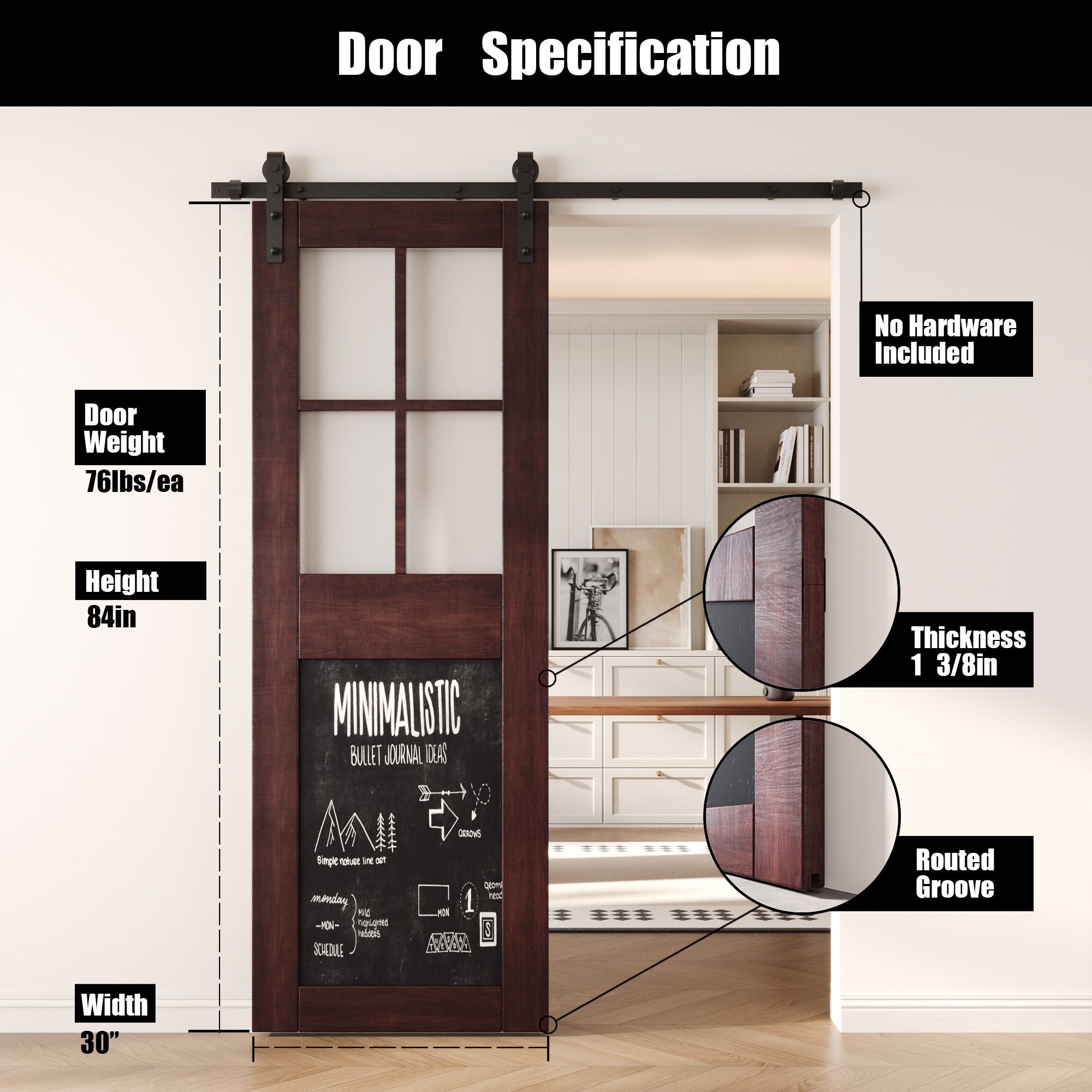 84" Height Red Mahogany Half Lite Chalkboard Unassembled & Finished Pine Wood Barn Door (Interior Use Only)