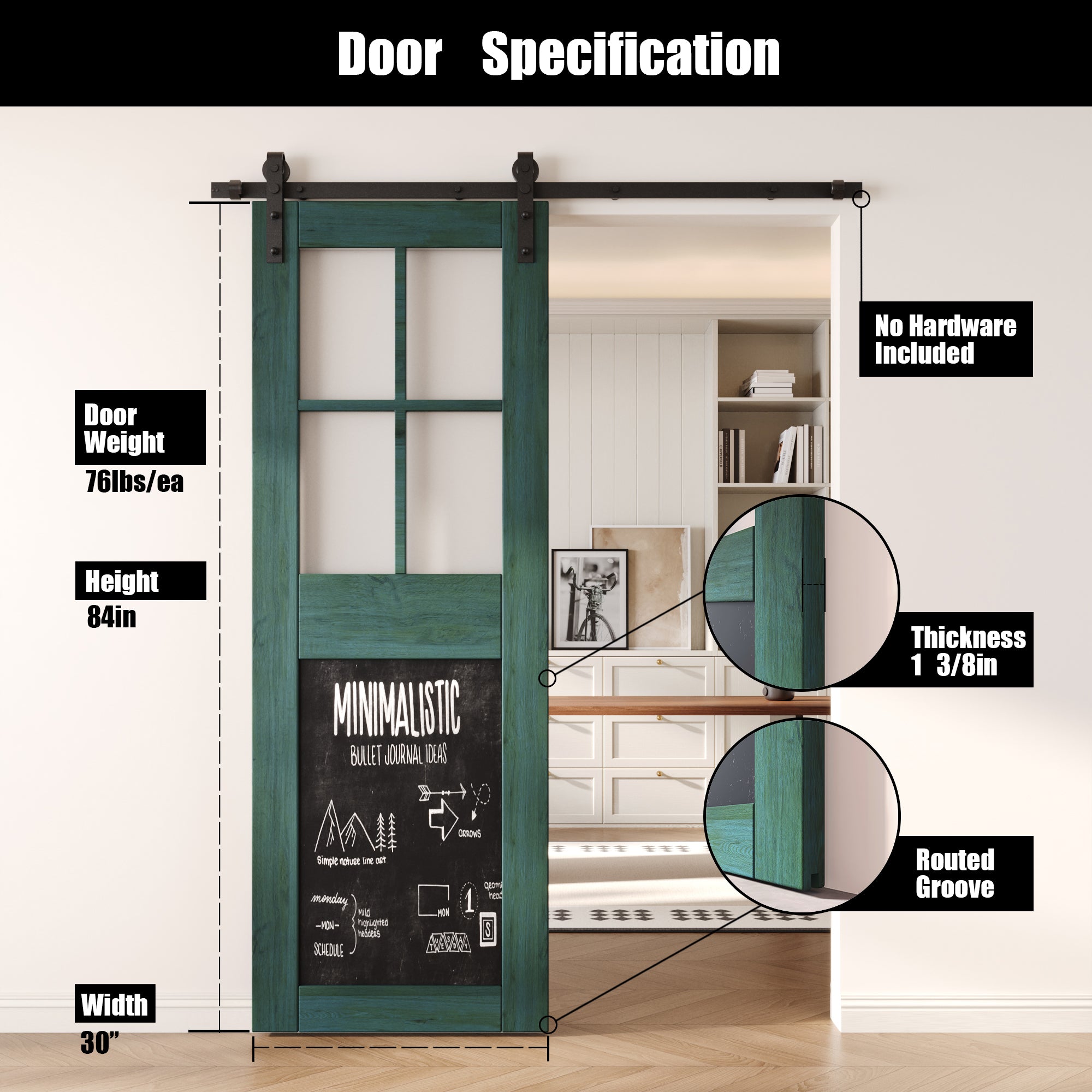 84" Height Royal Pine Half Lite Chalkboard Unassembled & Finished Pine Wood Barn Door (Interior Use Only)