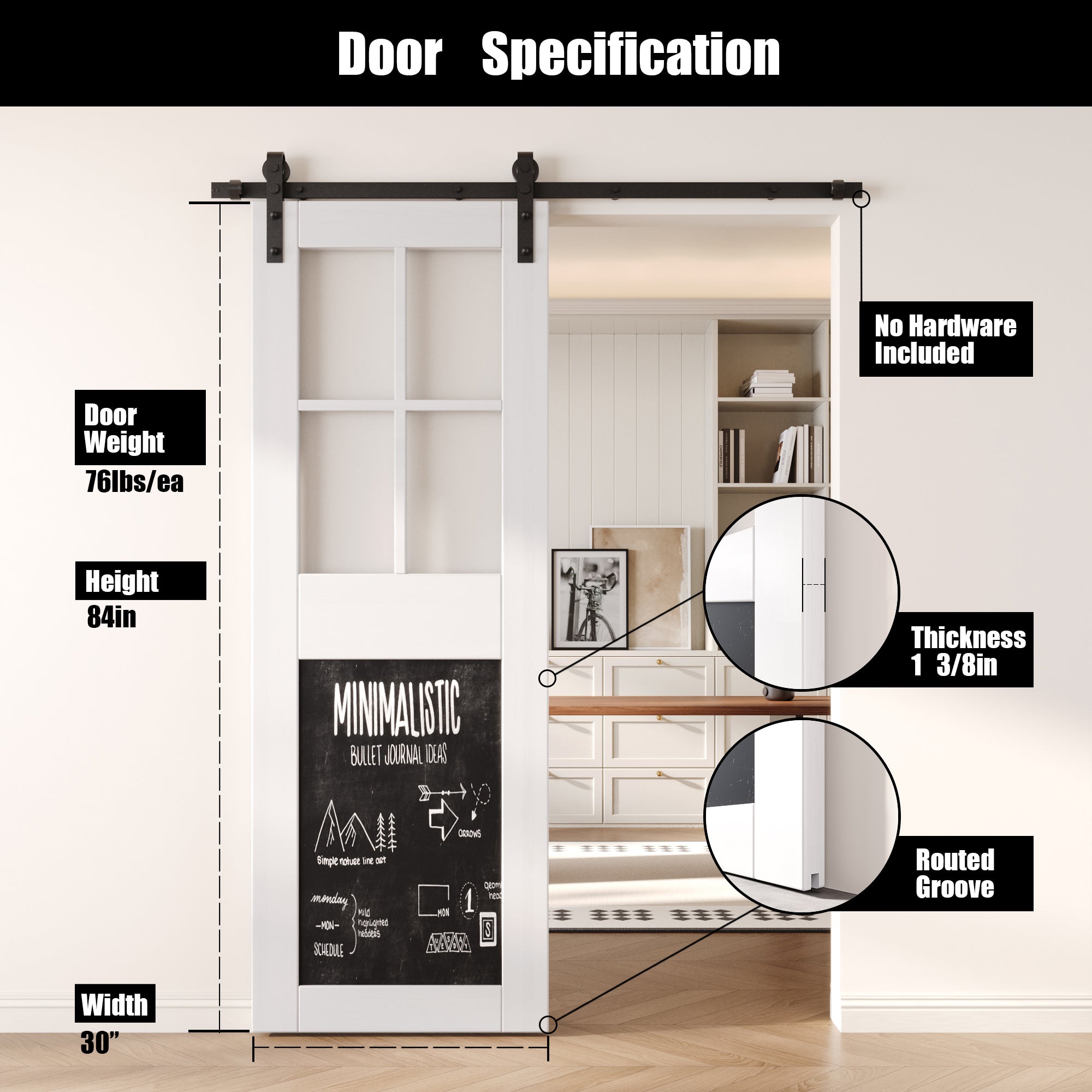 84" Height White Half Lite Chalkboard Unassembled & Finished Pine Wood Barn Door (Interior Use Only)