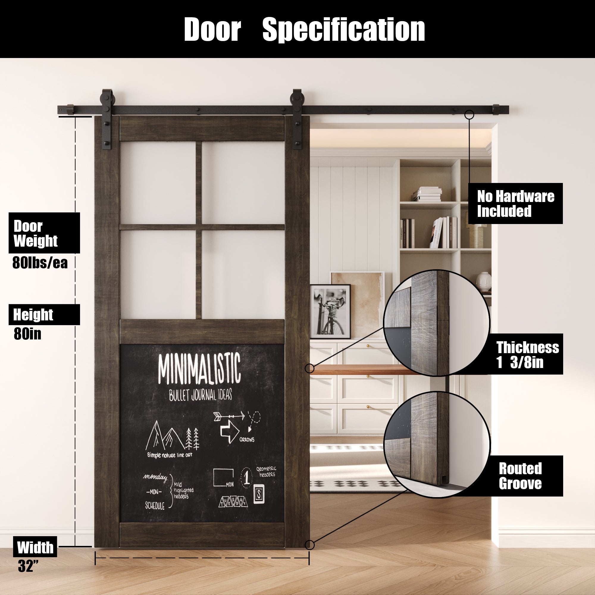80" Height Ebony Half Lite Chalkboard Unassembled & Finished Pine Wood Barn Door (Interior Use Only)